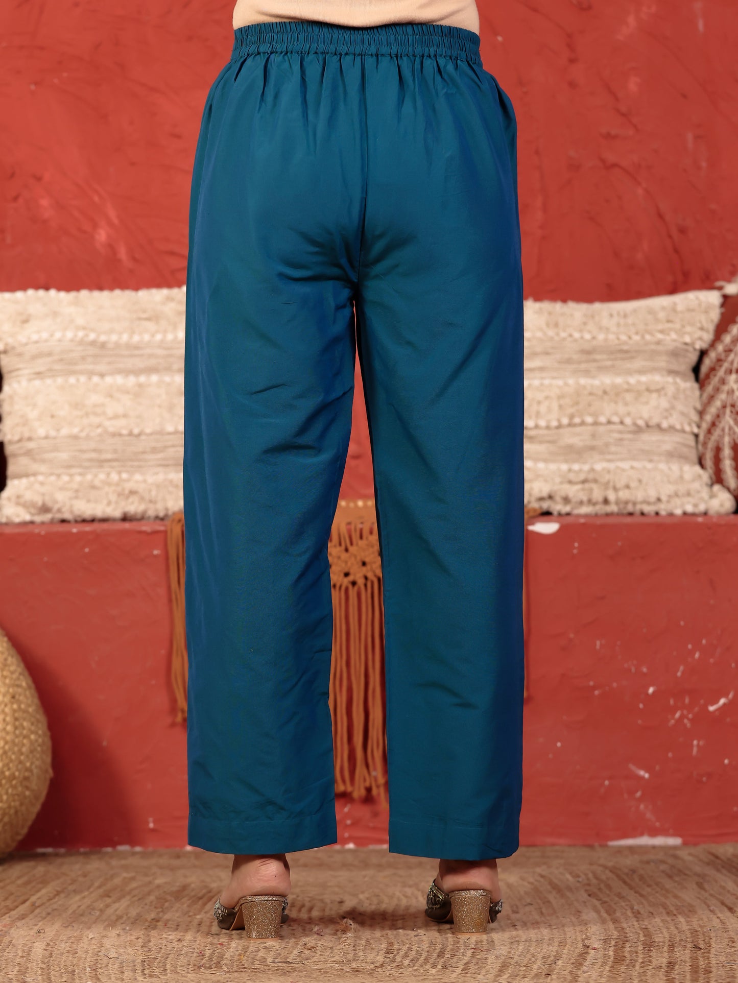 Chanderi Placement Print Straight Teal Kurta