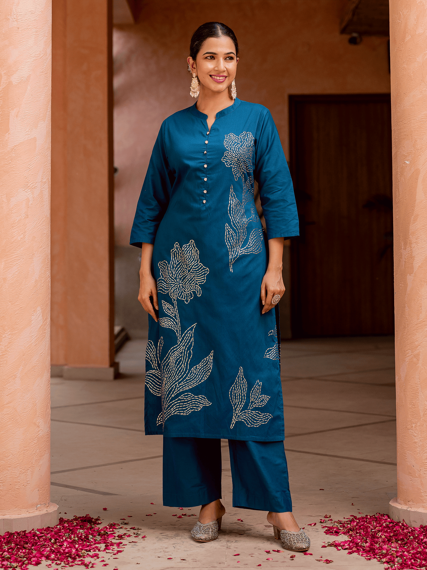 Chanderi Placement Print Straight Teal Kurta