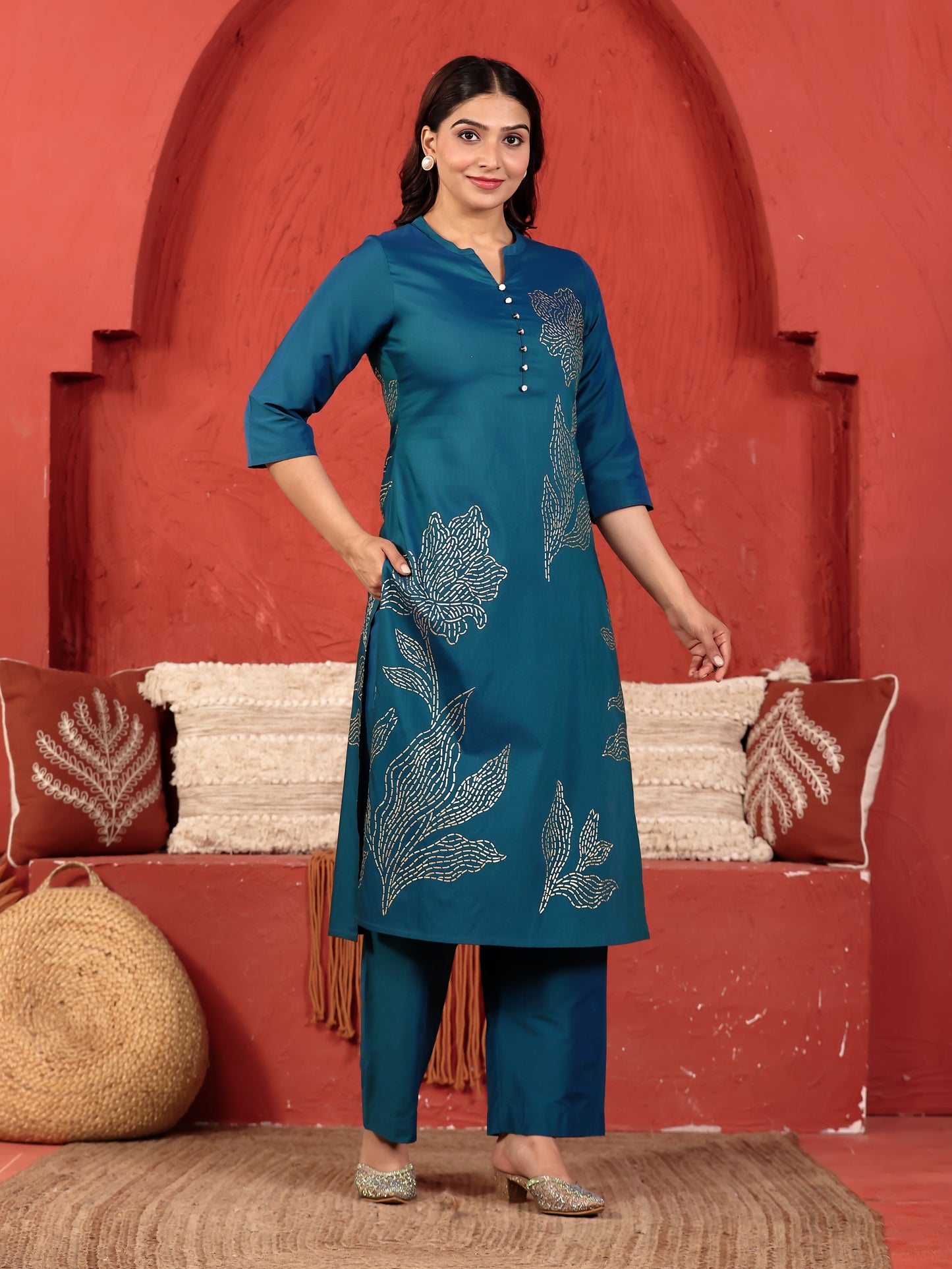 Chanderi Placement Print Straight Teal Kurta