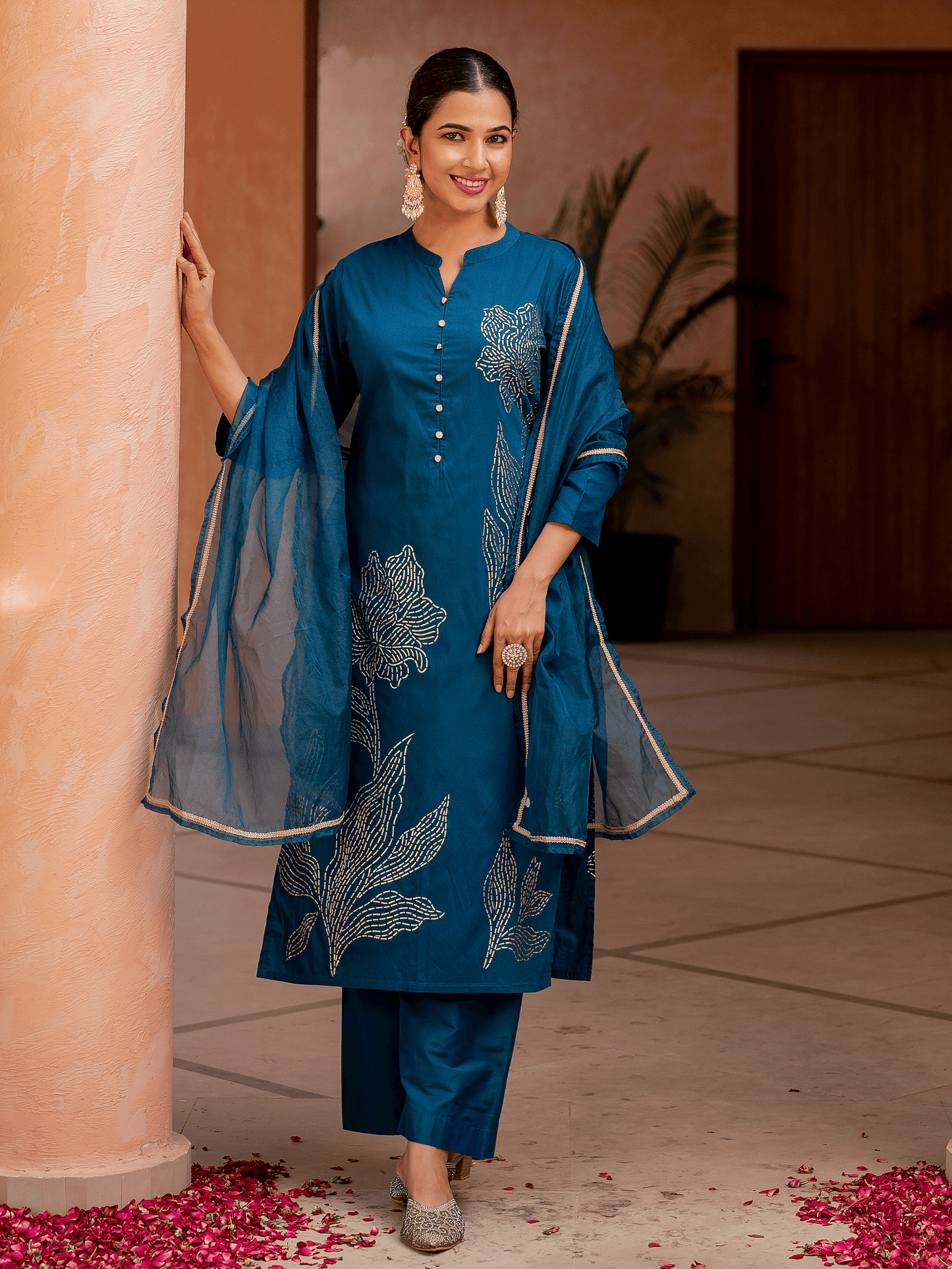 Chanderi Placement Print Straight Teal Kurta