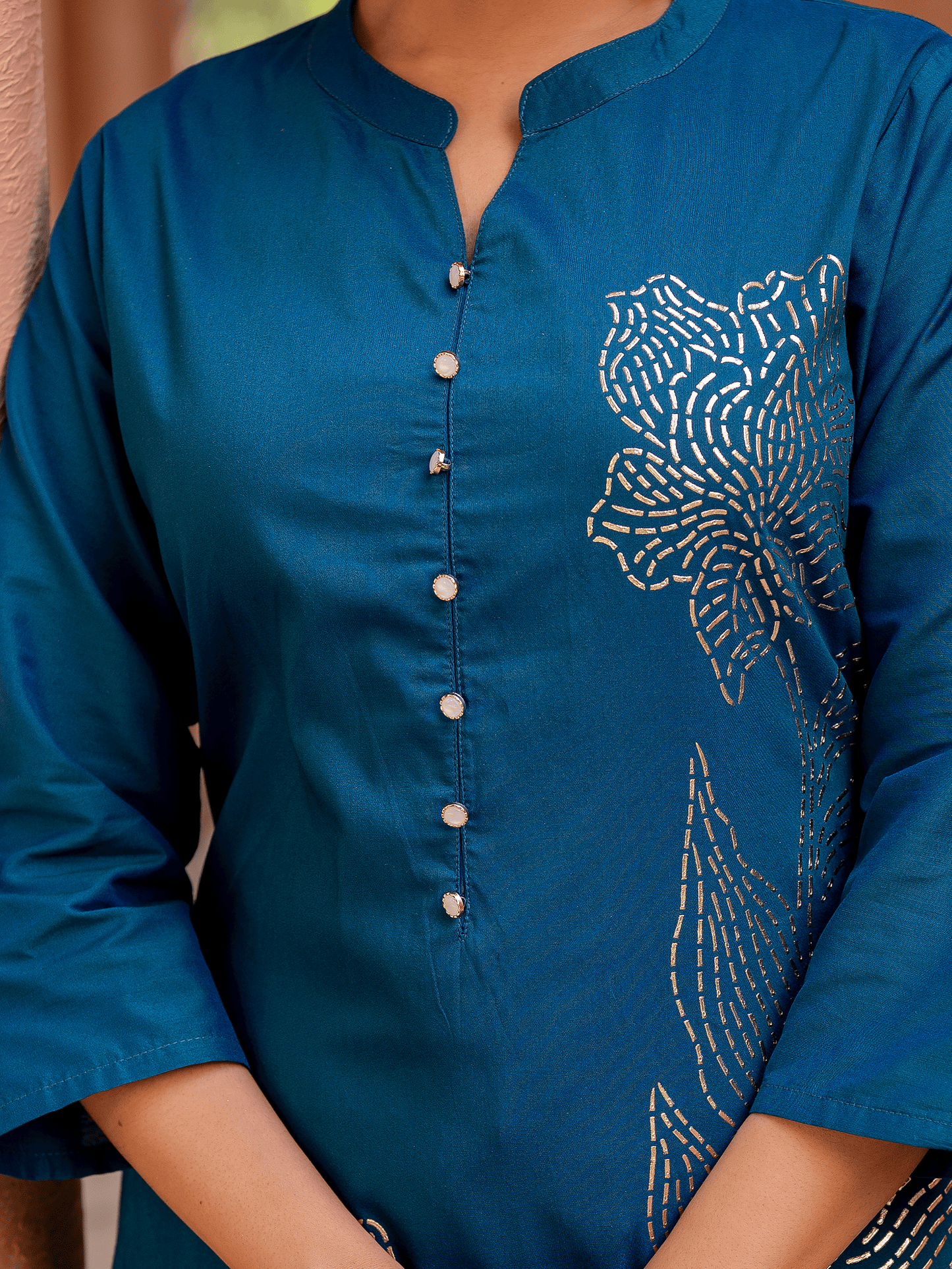 Chanderi Placement Print Straight Teal Kurta