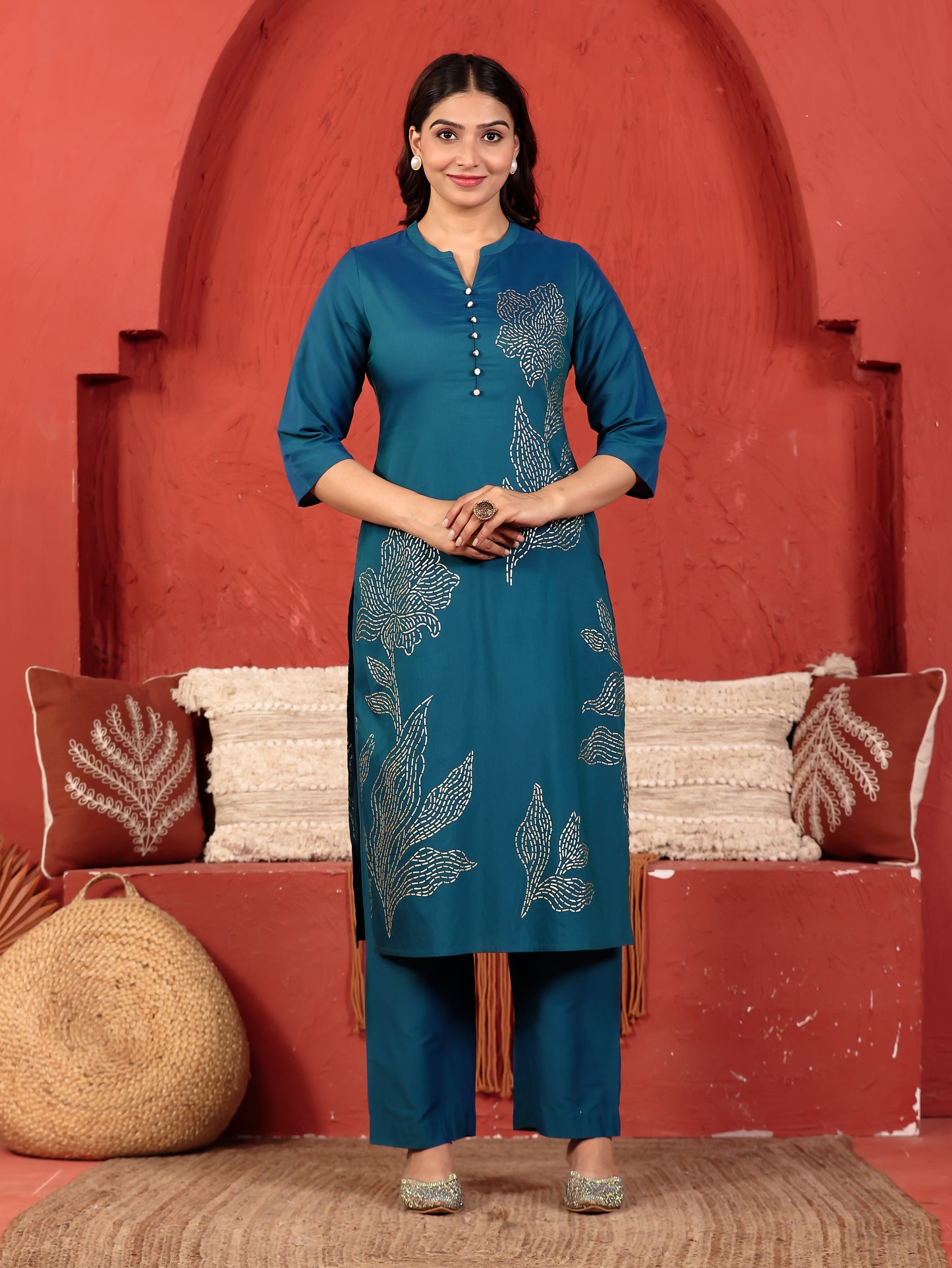Chanderi Placement Print Straight Teal Kurta