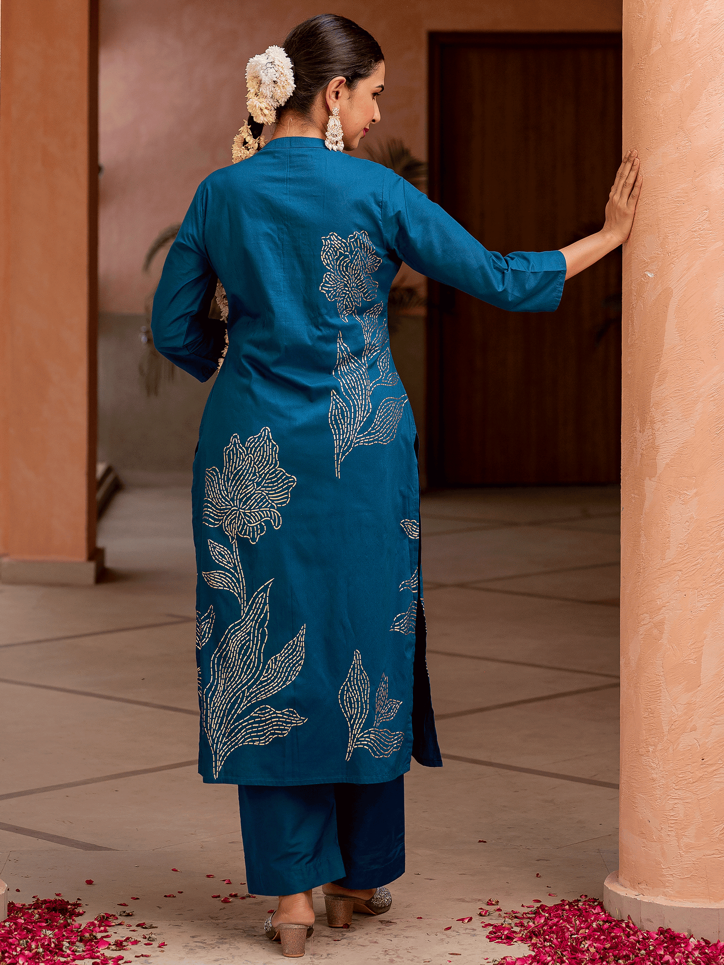Chanderi Placement Print Straight Teal Kurta