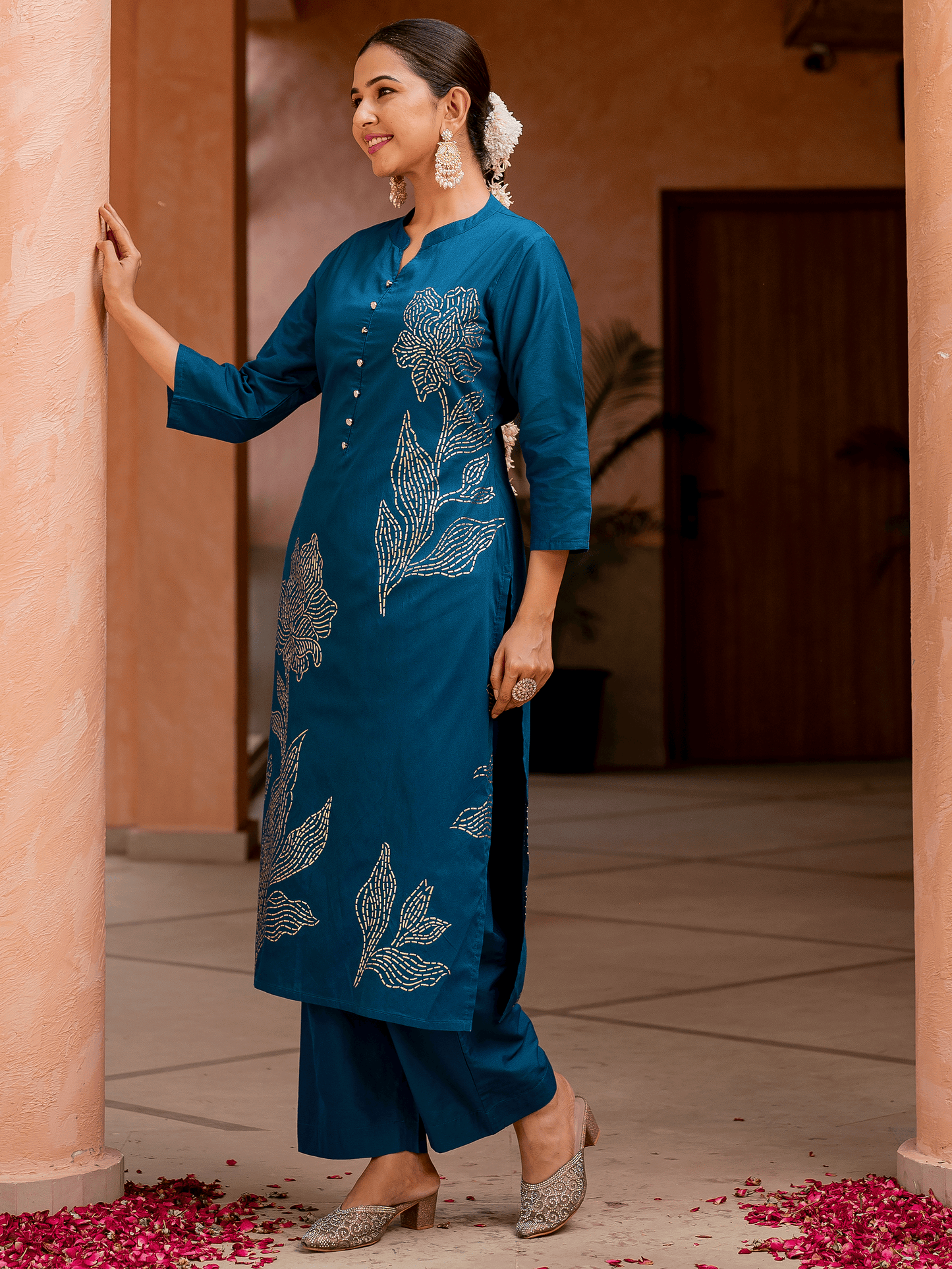 Chanderi Placement Print Straight Teal Kurta