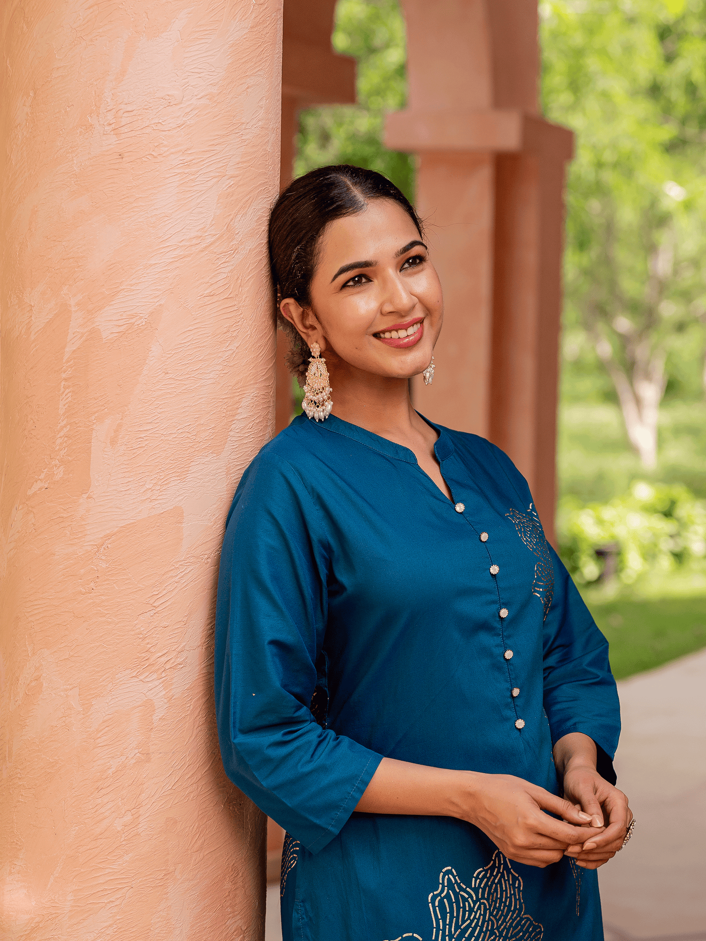 Chanderi Placement Print Straight Teal Kurta