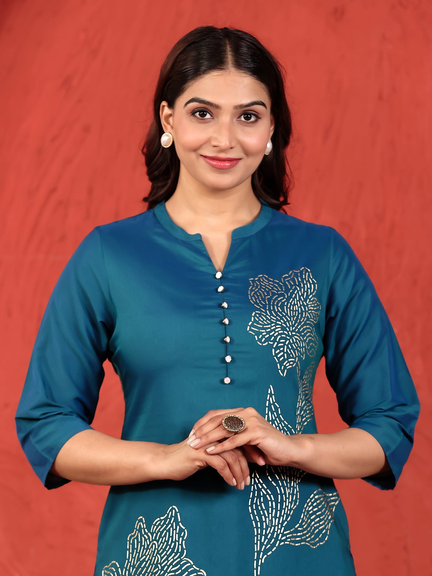 Chanderi Placement Print Straight Teal Kurta