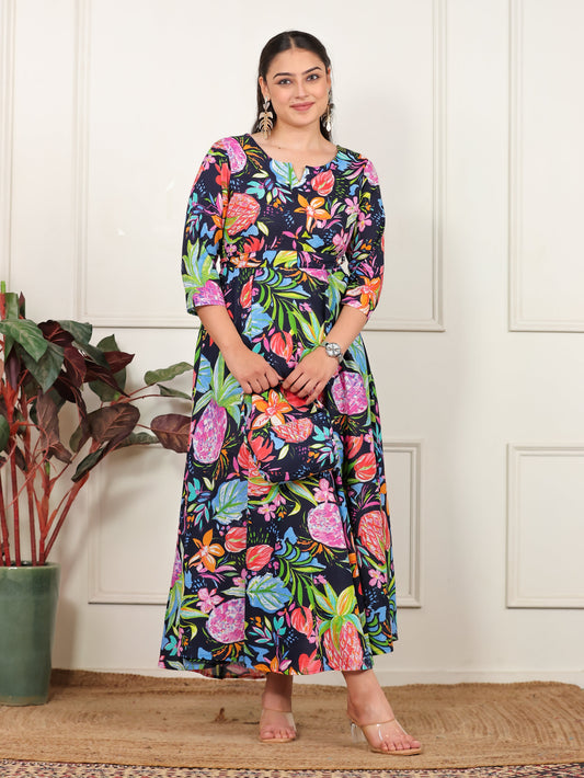 Soft Cotton Floral Anarkali Multicolor Dress (With Bag)