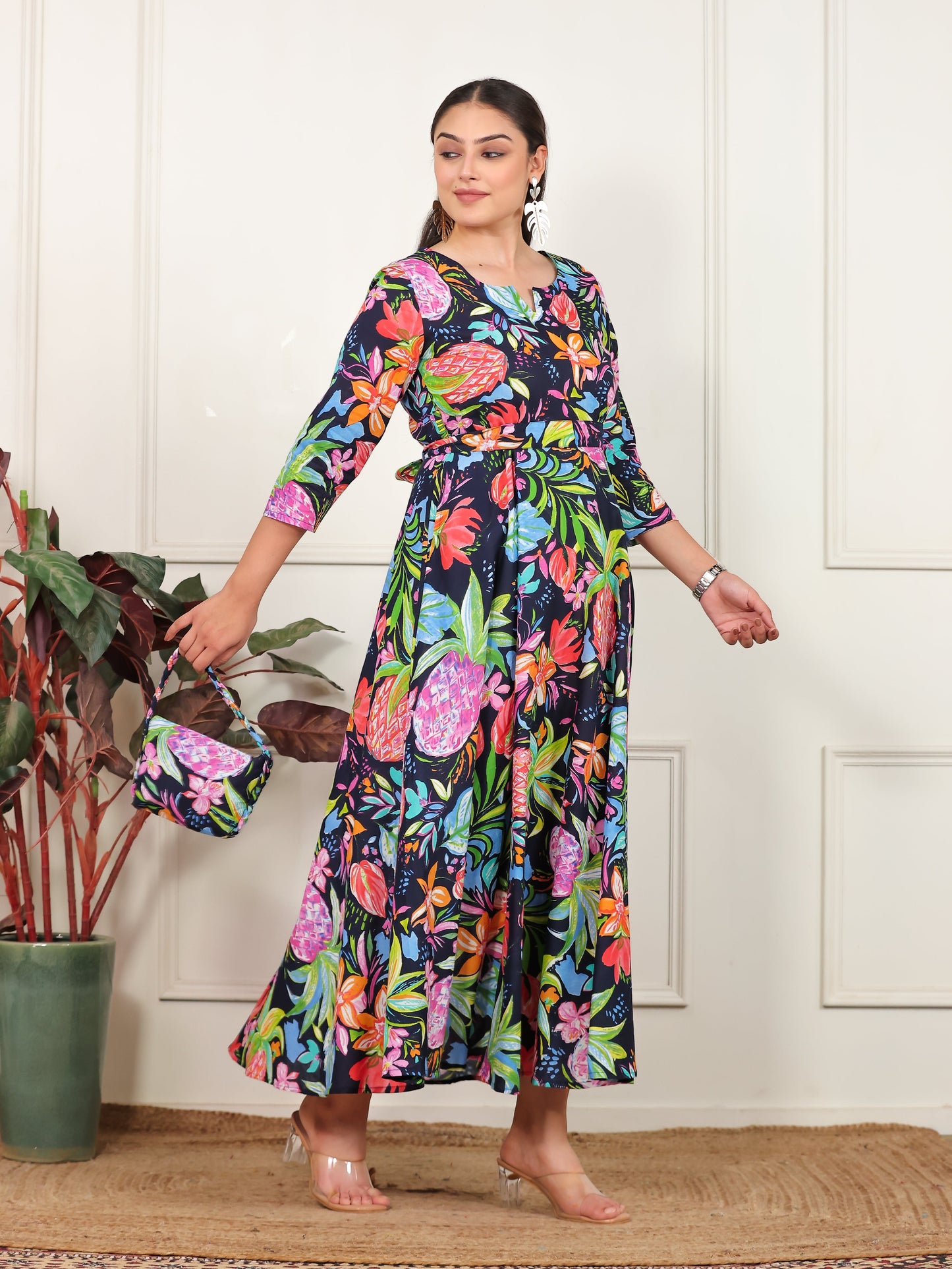 Soft Cotton Floral Anarkali Multicolor Dress (With Bag)