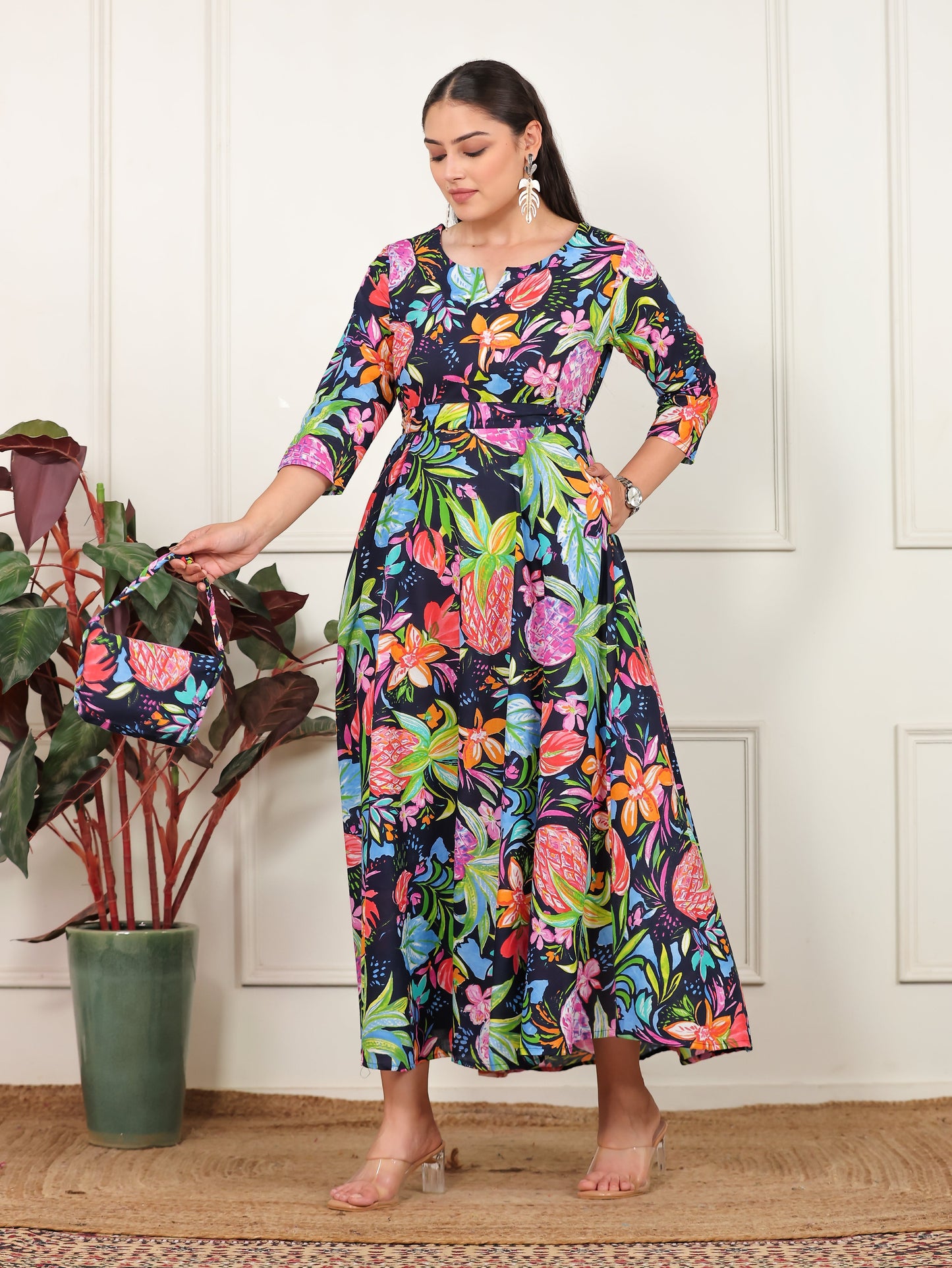 Soft Cotton Floral Anarkali Multicolor Dress (With Bag)