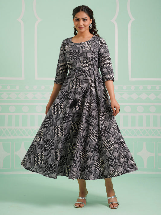 Soft Cotton Patchwork Anarkali Black Dress