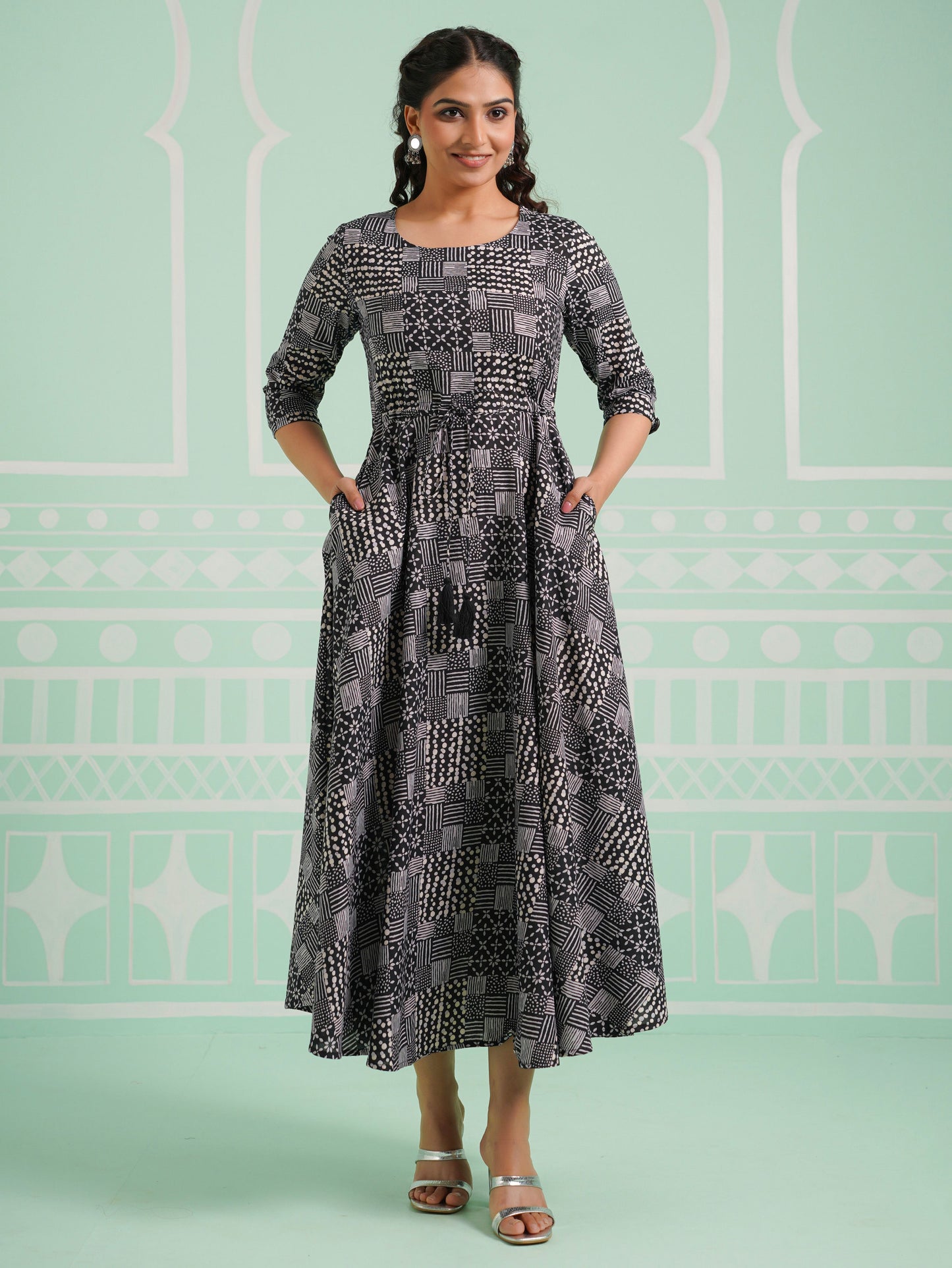 Soft Cotton Patchwork Anarkali Black Dress