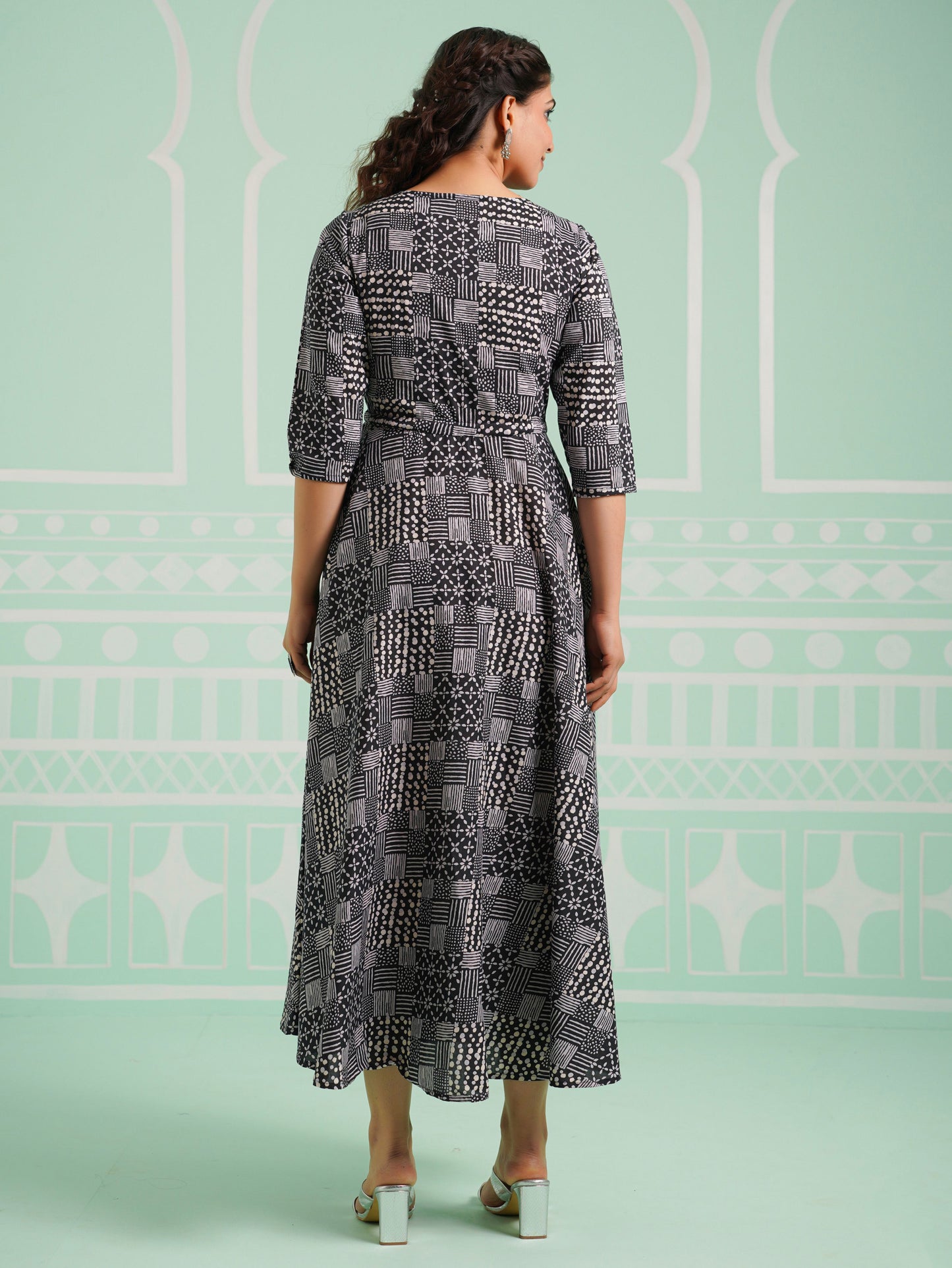 Soft Cotton Patchwork Anarkali Black Dress