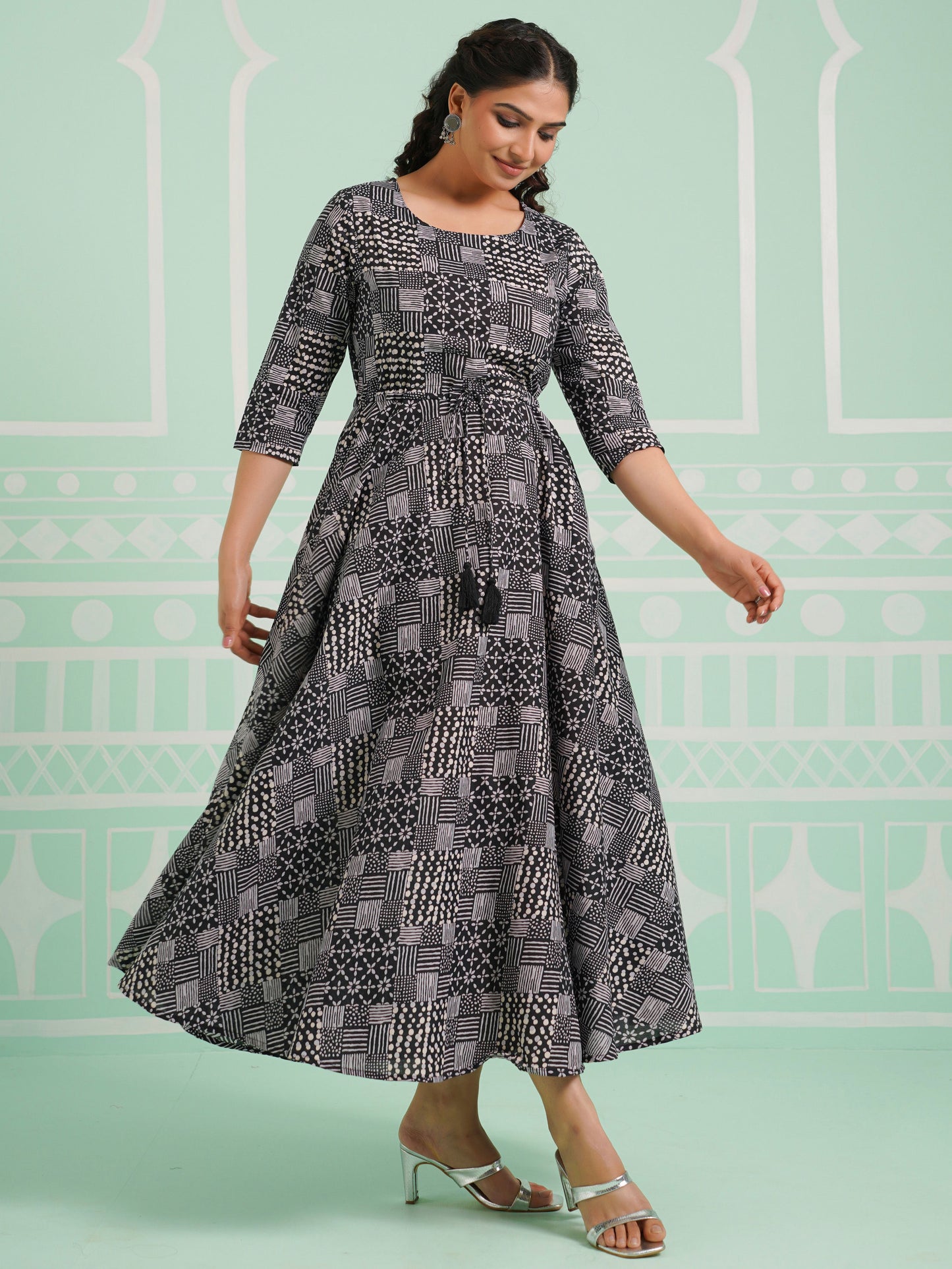 Soft Cotton Patchwork Anarkali Black Dress