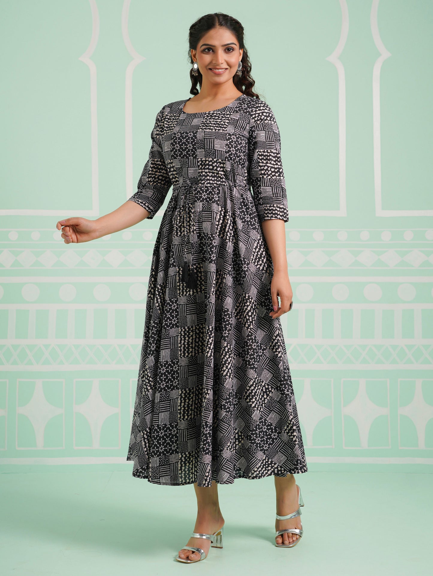 Soft Cotton Patchwork Anarkali Black Dress