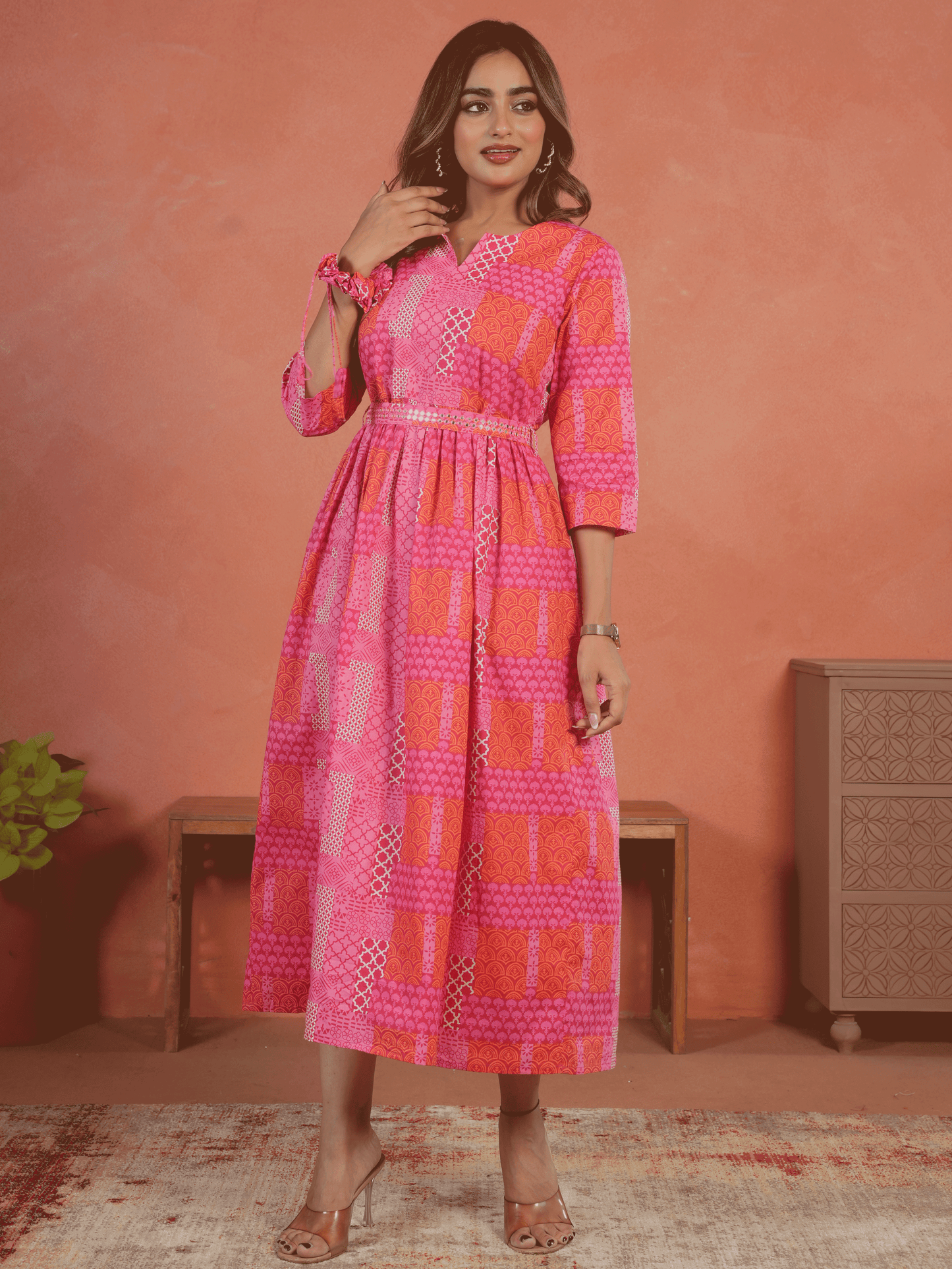Embroidered Soft Cotton Patchwork Anarkali Pink Dress (With Belt)