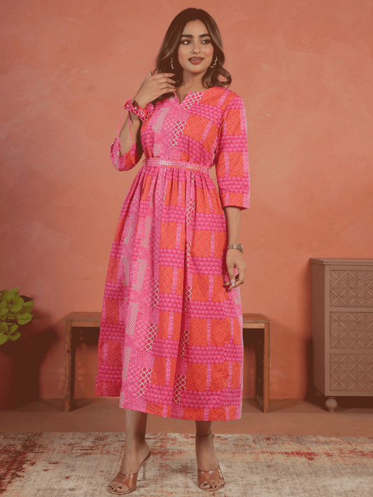Embroidered Soft Cotton Patchwork Anarkali Pink Dress (With Belt)