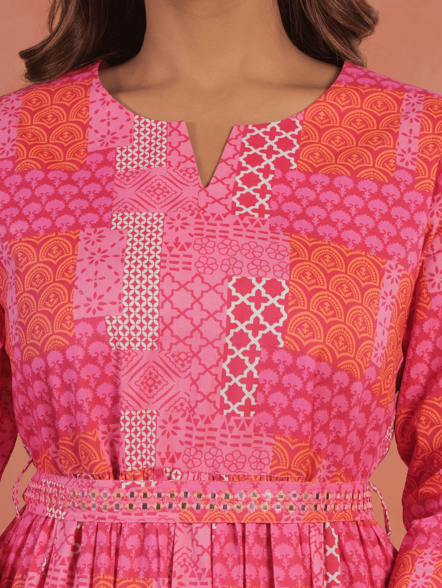 Embroidered Soft Cotton Patchwork Anarkali Pink Dress (With Belt)