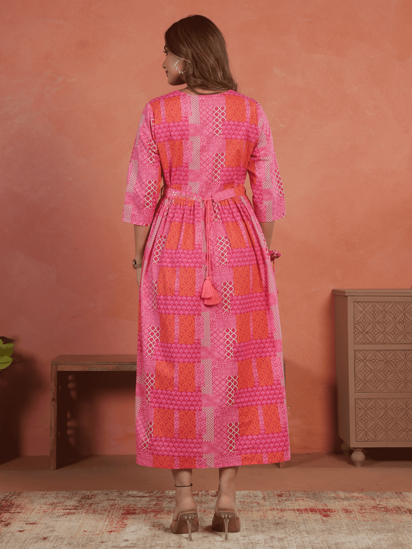 Embroidered Soft Cotton Patchwork Anarkali Pink Dress (With Belt)