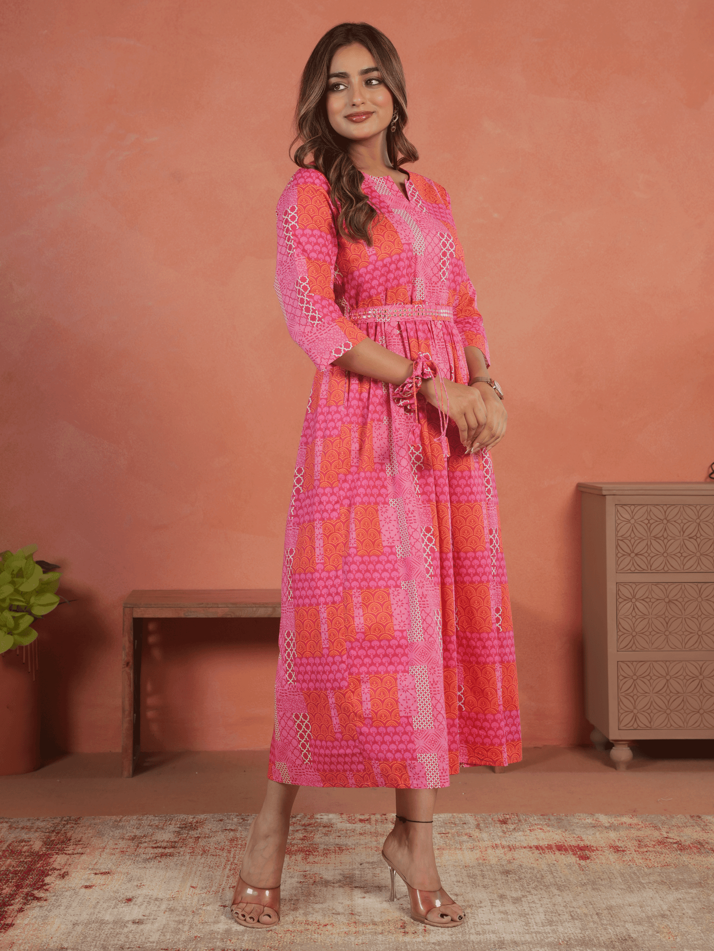 Embroidered Soft Cotton Patchwork Anarkali Pink Dress (With Belt)