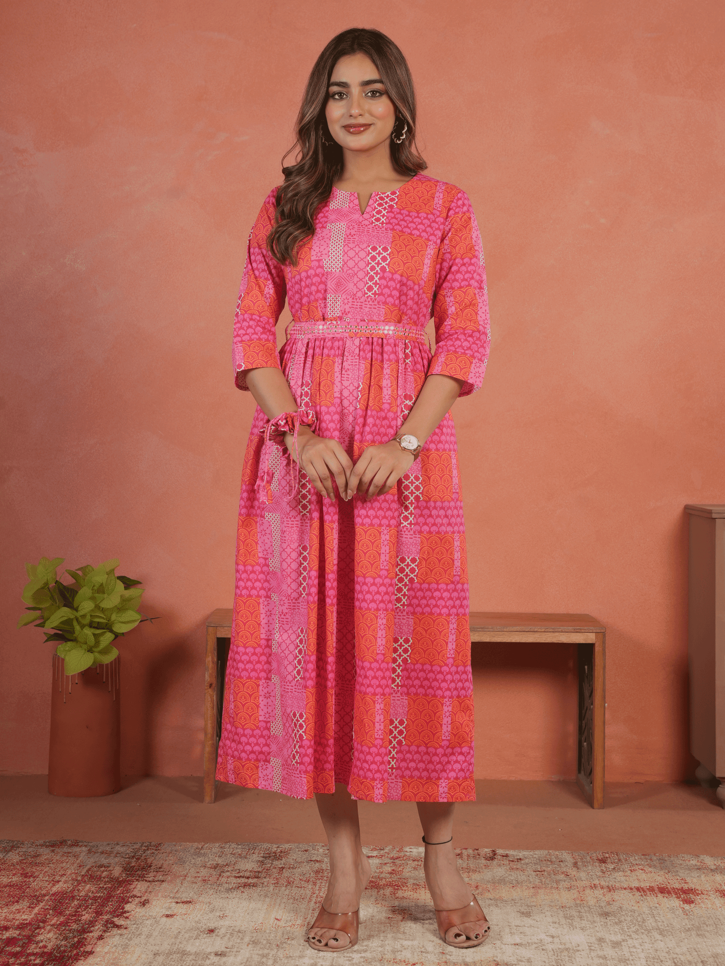 Embroidered Soft Cotton Patchwork Anarkali Pink Dress (With Belt)