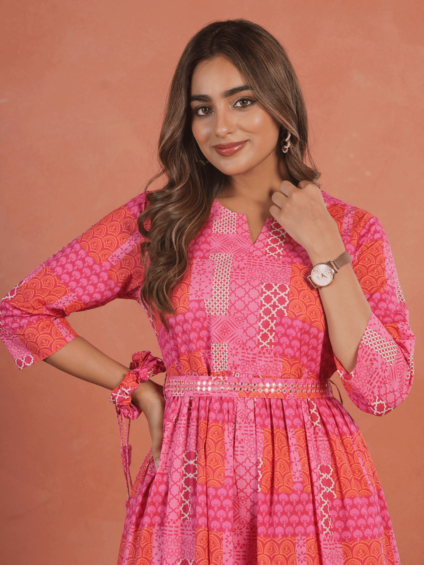 Embroidered Soft Cotton Patchwork Anarkali Pink Dress (With Belt)