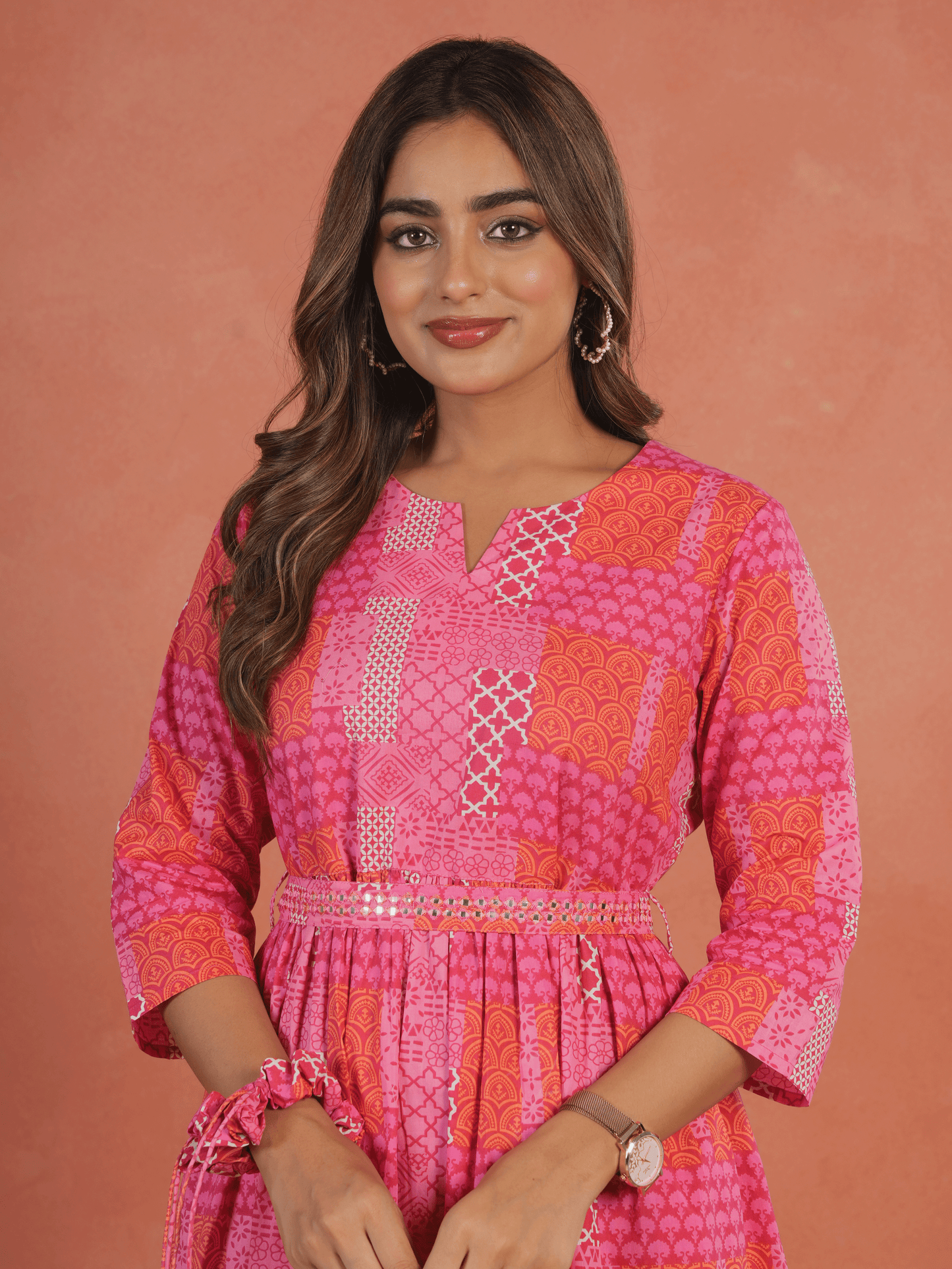 Embroidered Soft Cotton Patchwork Anarkali Pink Dress (With Belt)