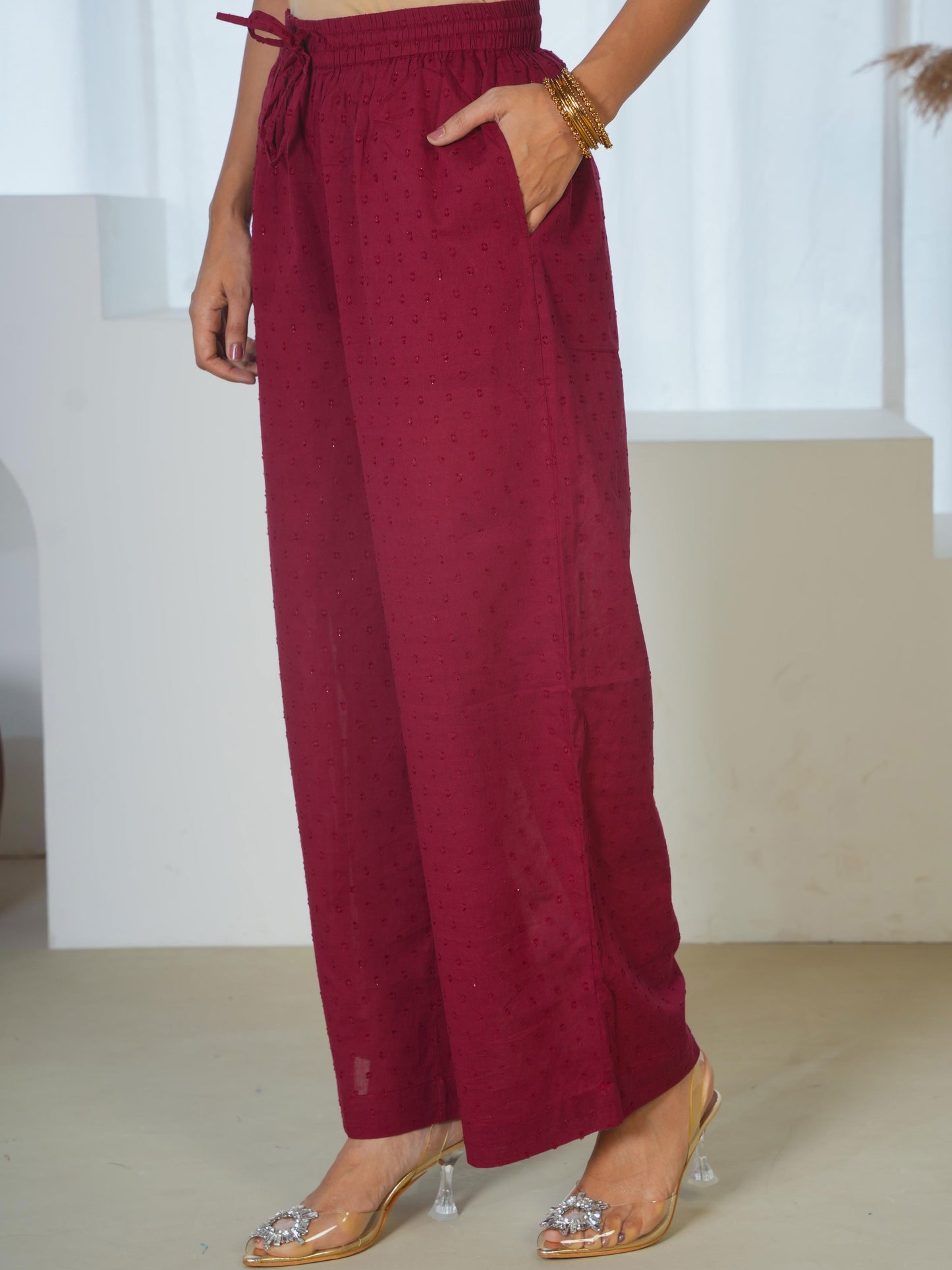 Embroidered Cotton Dobby Solid Straight Maroon Kurta
