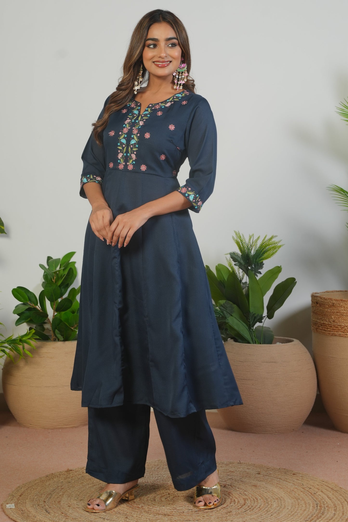 Embroidered Blended Silk Solid Anarkali Navy Blue Kurta