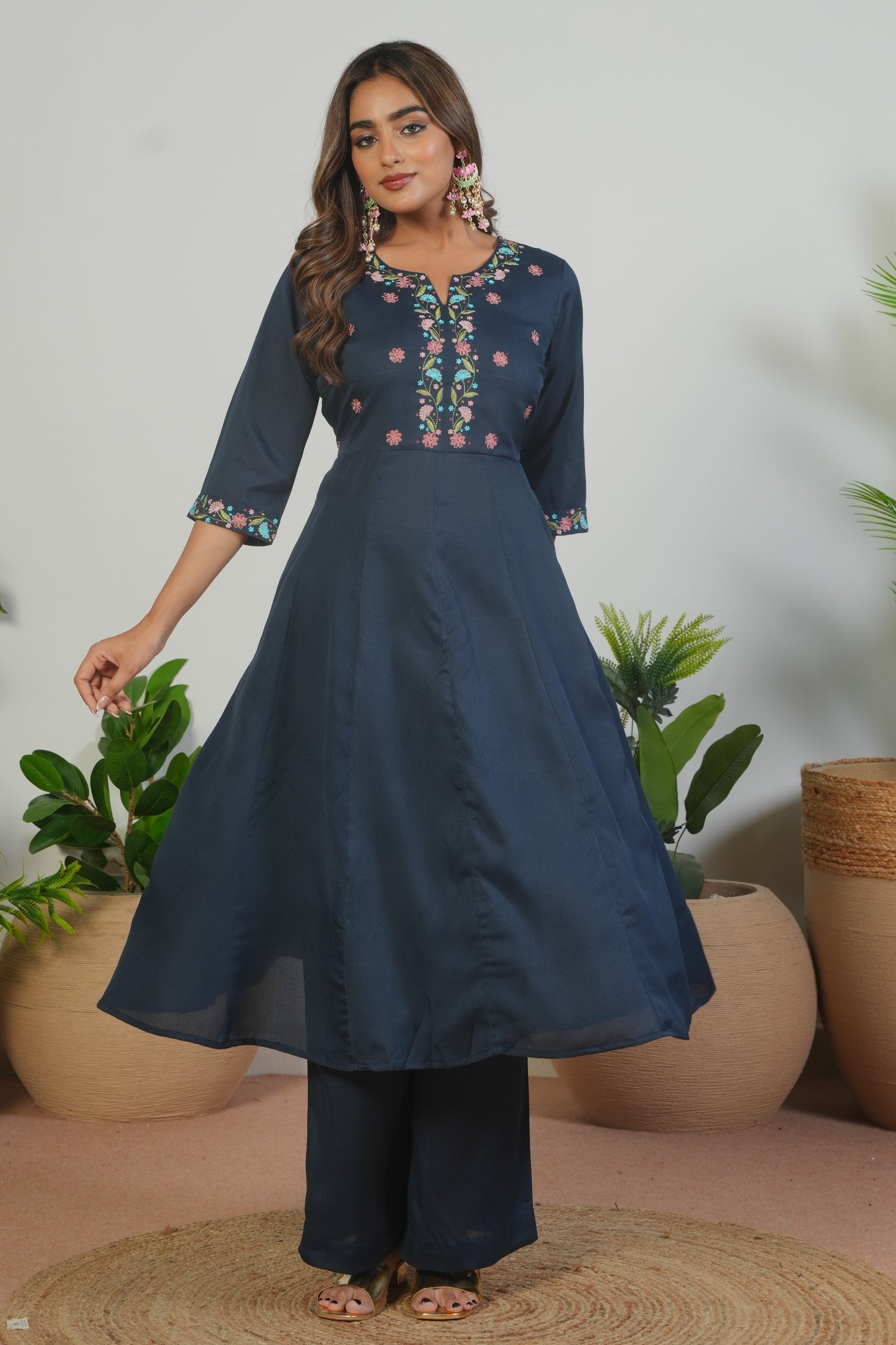 Embroidered Blended Silk Solid Anarkali Navy Blue Kurta