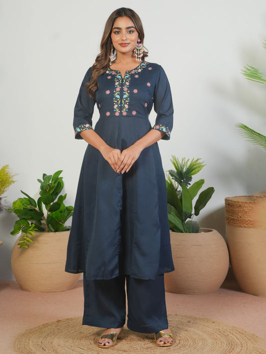 Embroidered Blended Silk Solid Anarkali Navy Blue Kurta