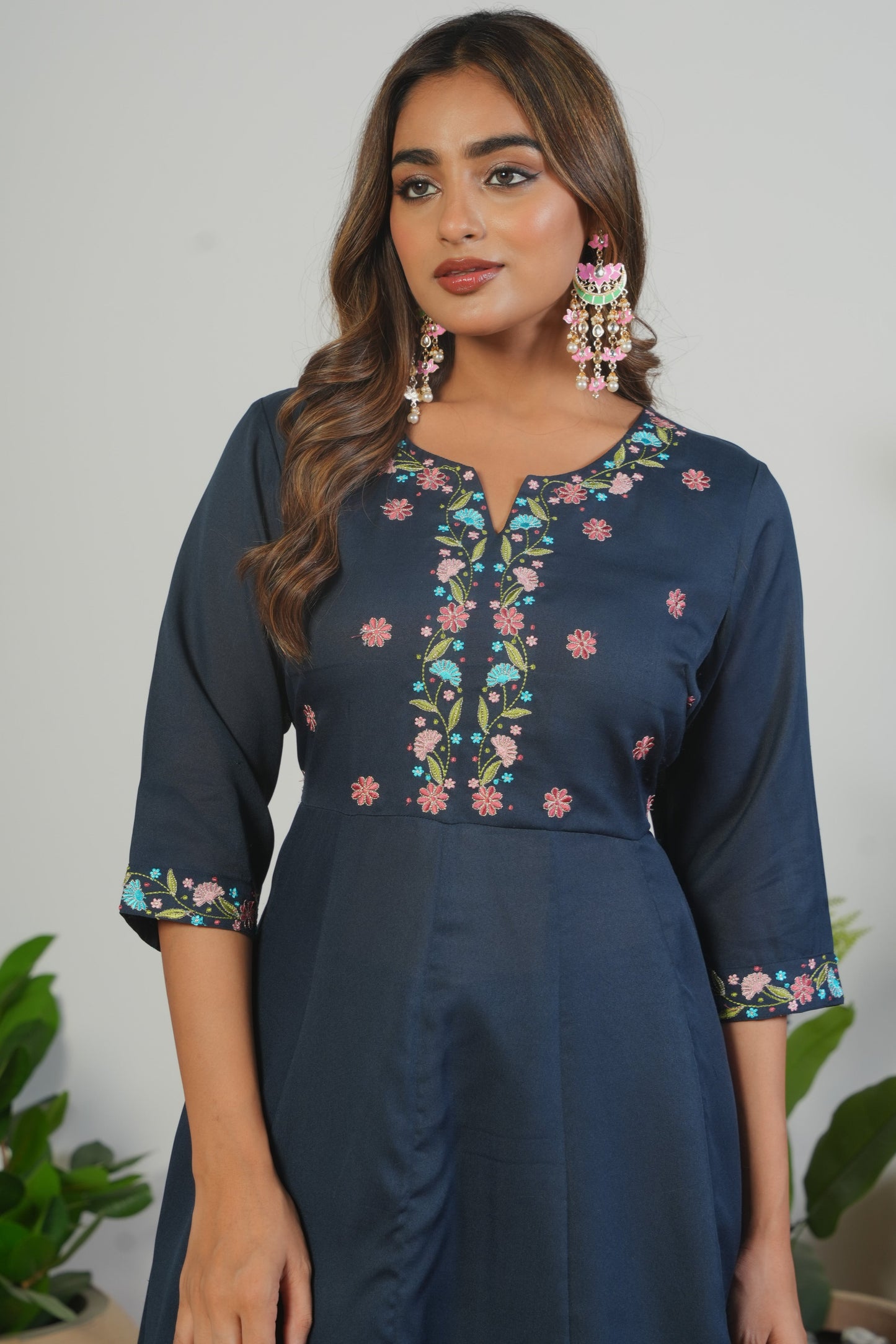 Embroidered Blended Silk Solid Anarkali Navy Blue Kurta