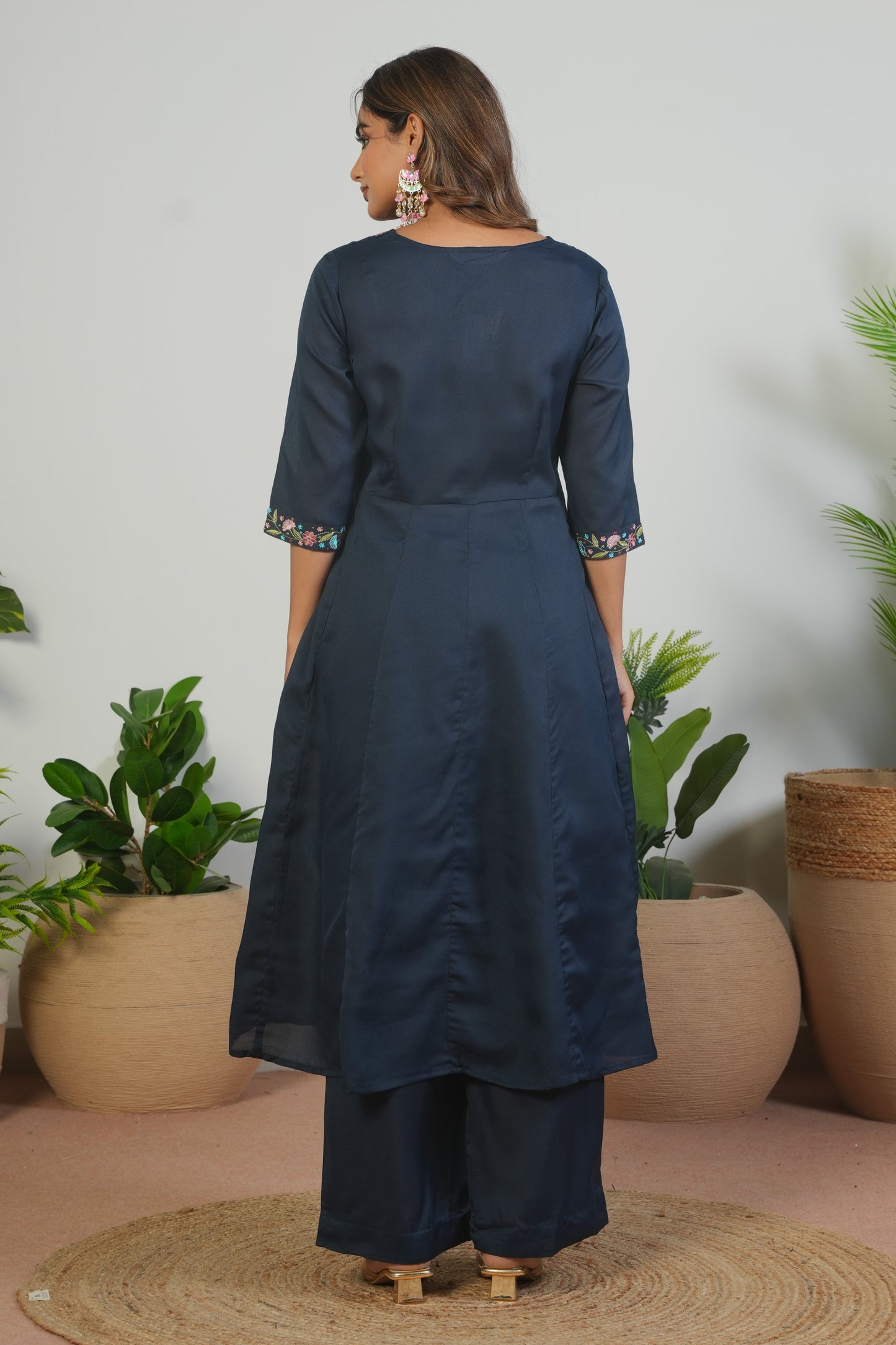 Embroidered Blended Silk Solid Anarkali Navy Blue Kurta