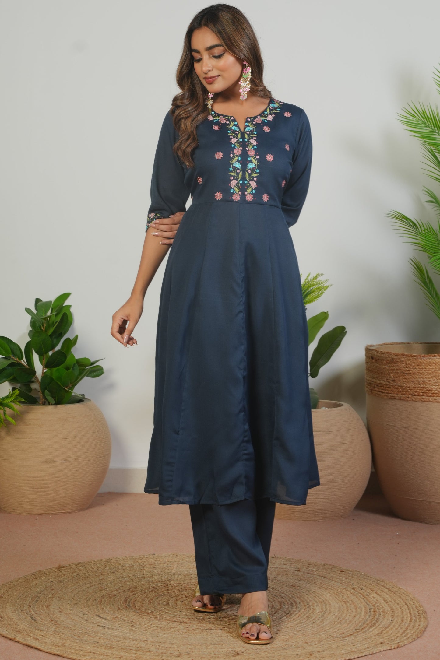 Embroidered Blended Silk Solid Anarkali Navy Blue Kurta