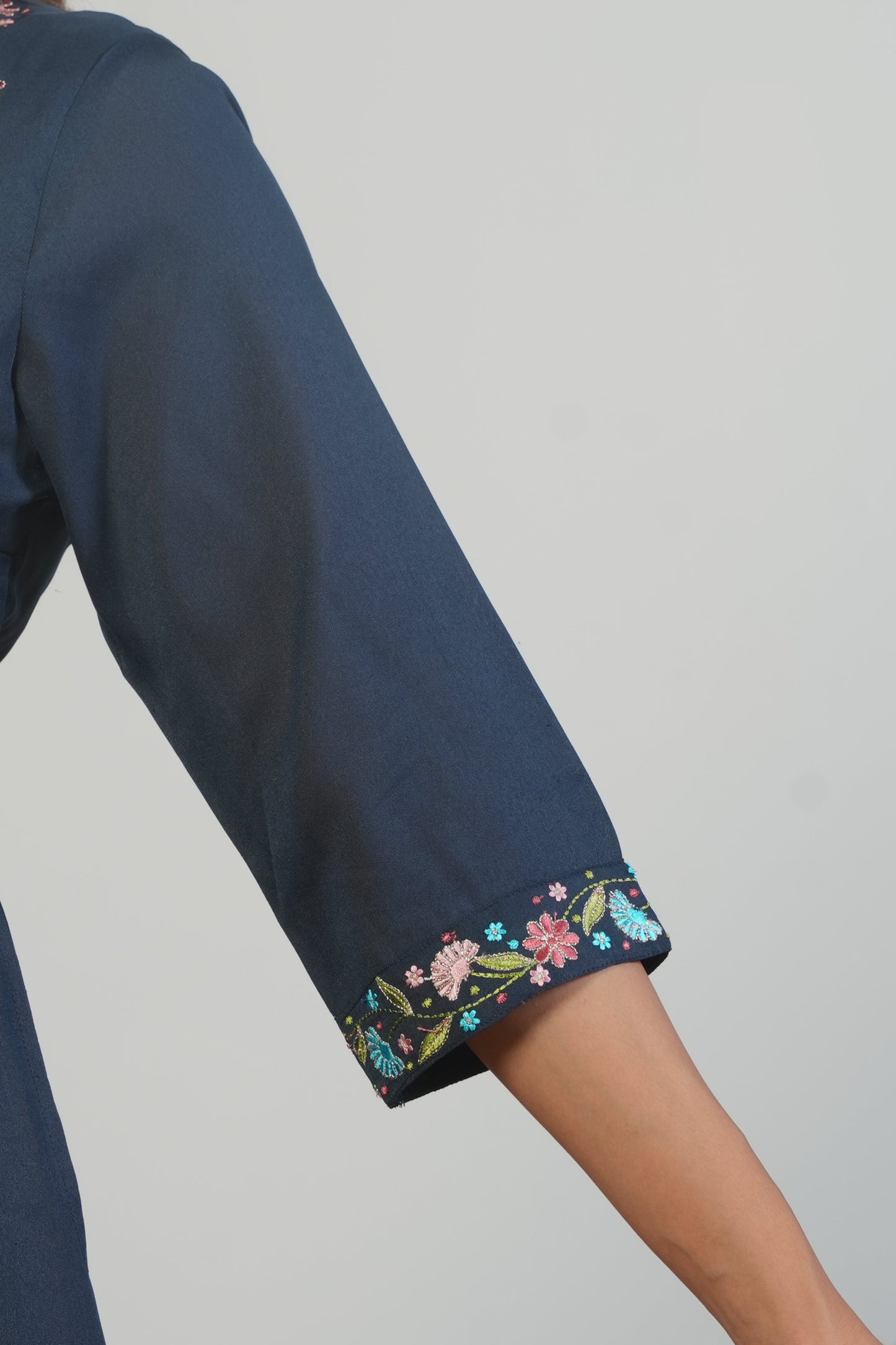 Embroidered Blended Silk Solid Anarkali Navy Blue Kurta