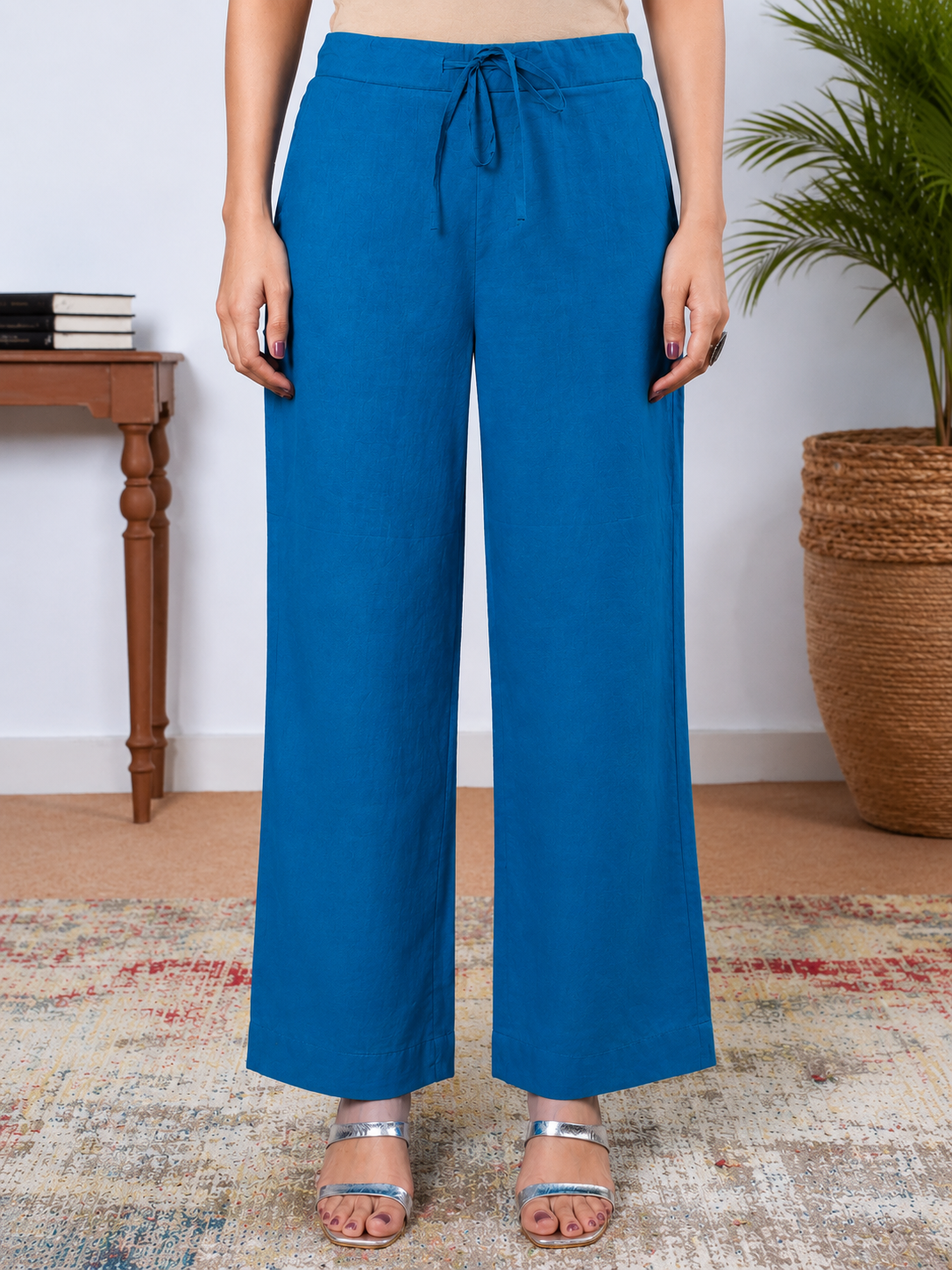 Soft Cotton Solid Blue Straight Trousers