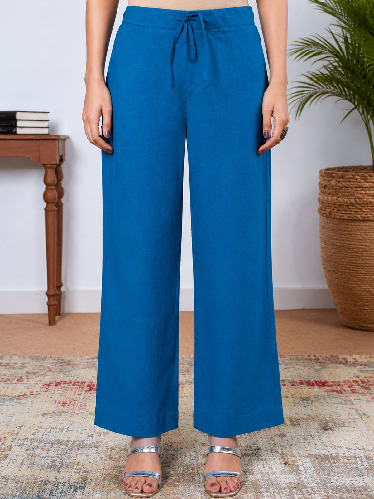 Soft Cotton Solid Blue Straight Trousers