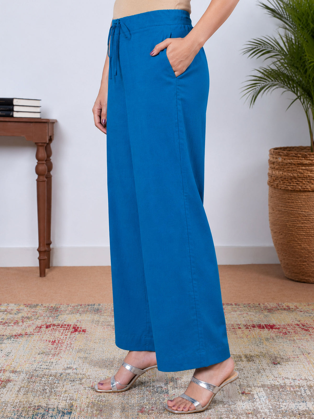 Soft Cotton Solid Blue Straight Trousers