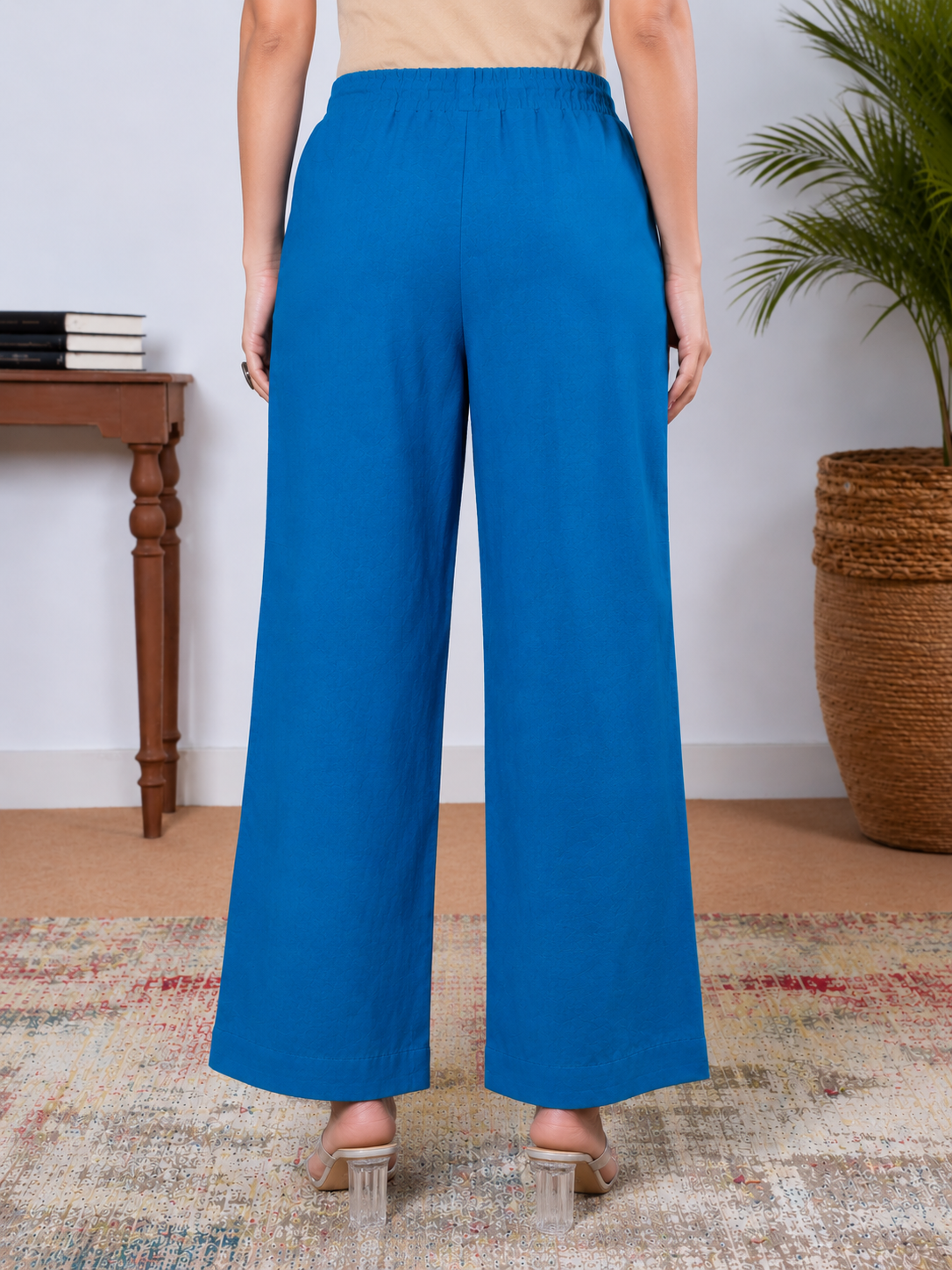 Soft Cotton Solid Blue Straight Trousers