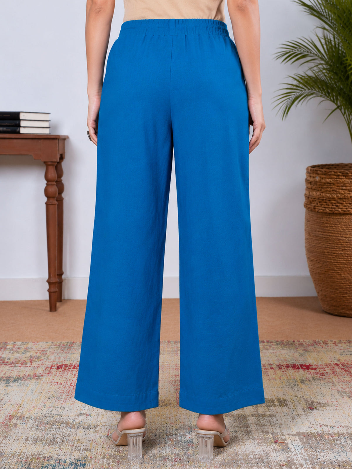 Soft Cotton Solid Blue Straight Trousers