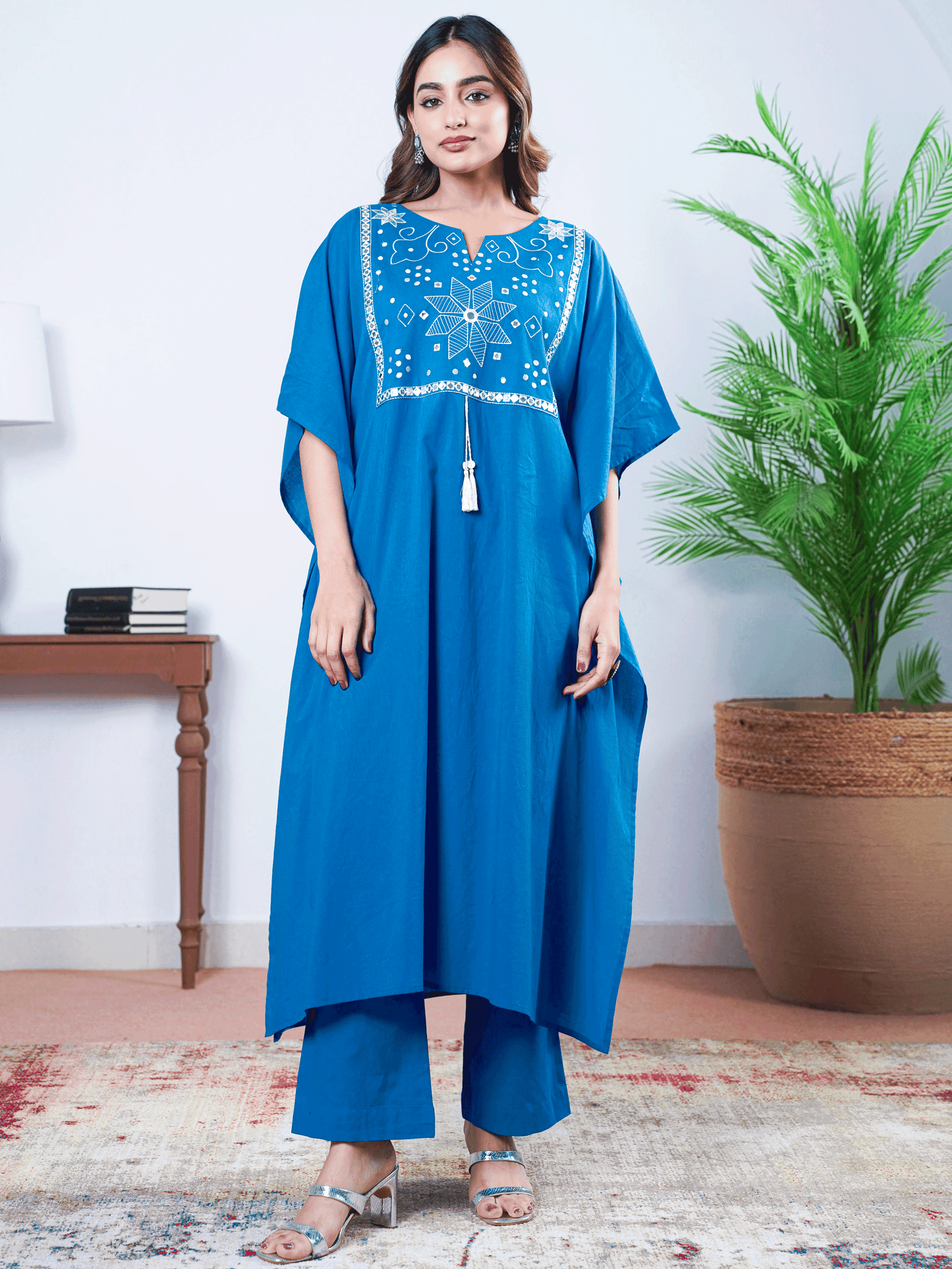 Embroidered Soft Cotton Solid Kaftan Blue Kurta