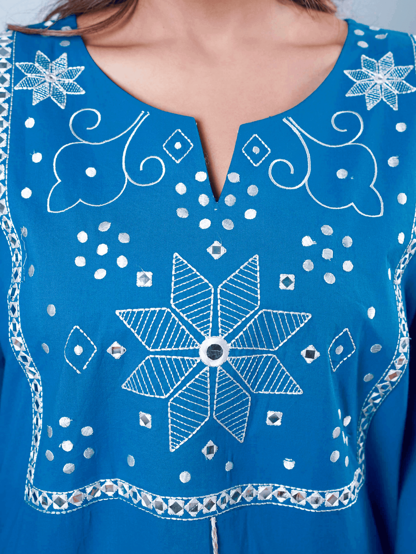 Embroidered Soft Cotton Solid Kaftan Blue Kurta