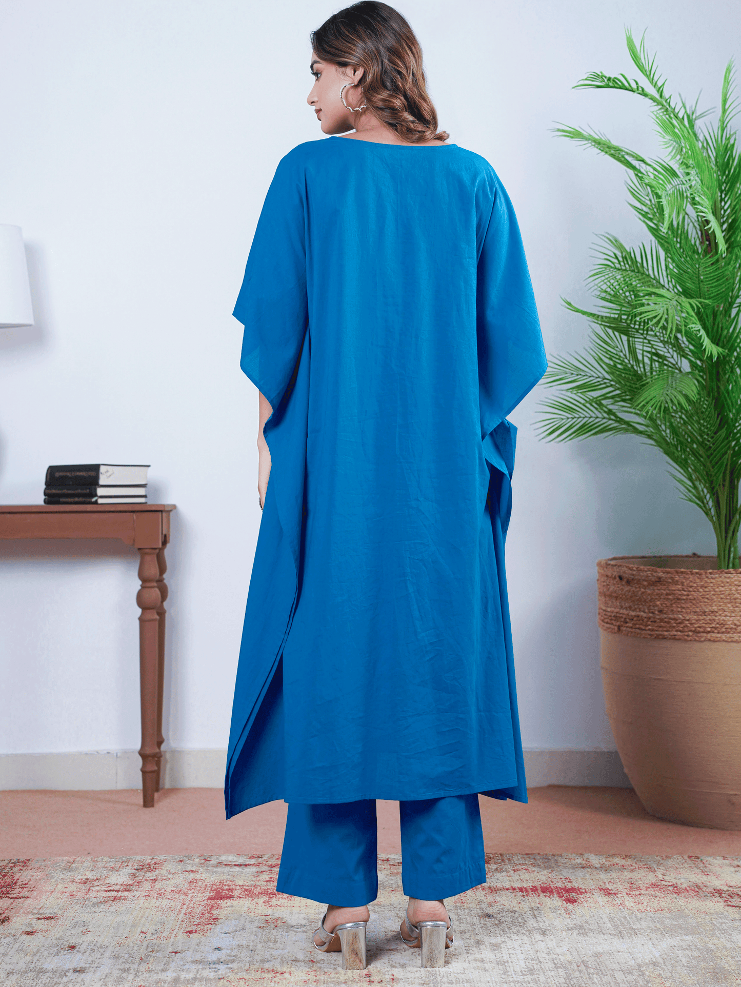 Embroidered Soft Cotton Solid Kaftan Blue Kurta