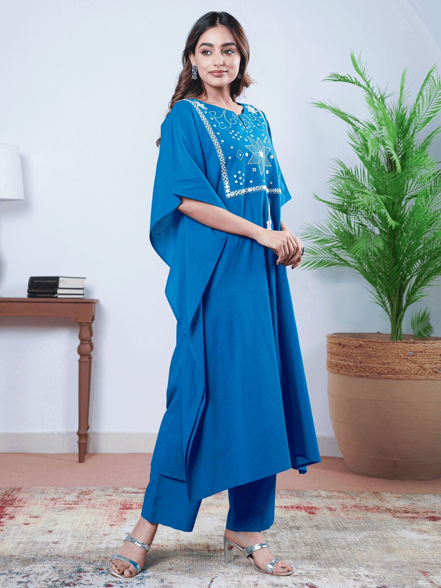 Embroidered Soft Cotton Solid Kaftan Blue Kurta