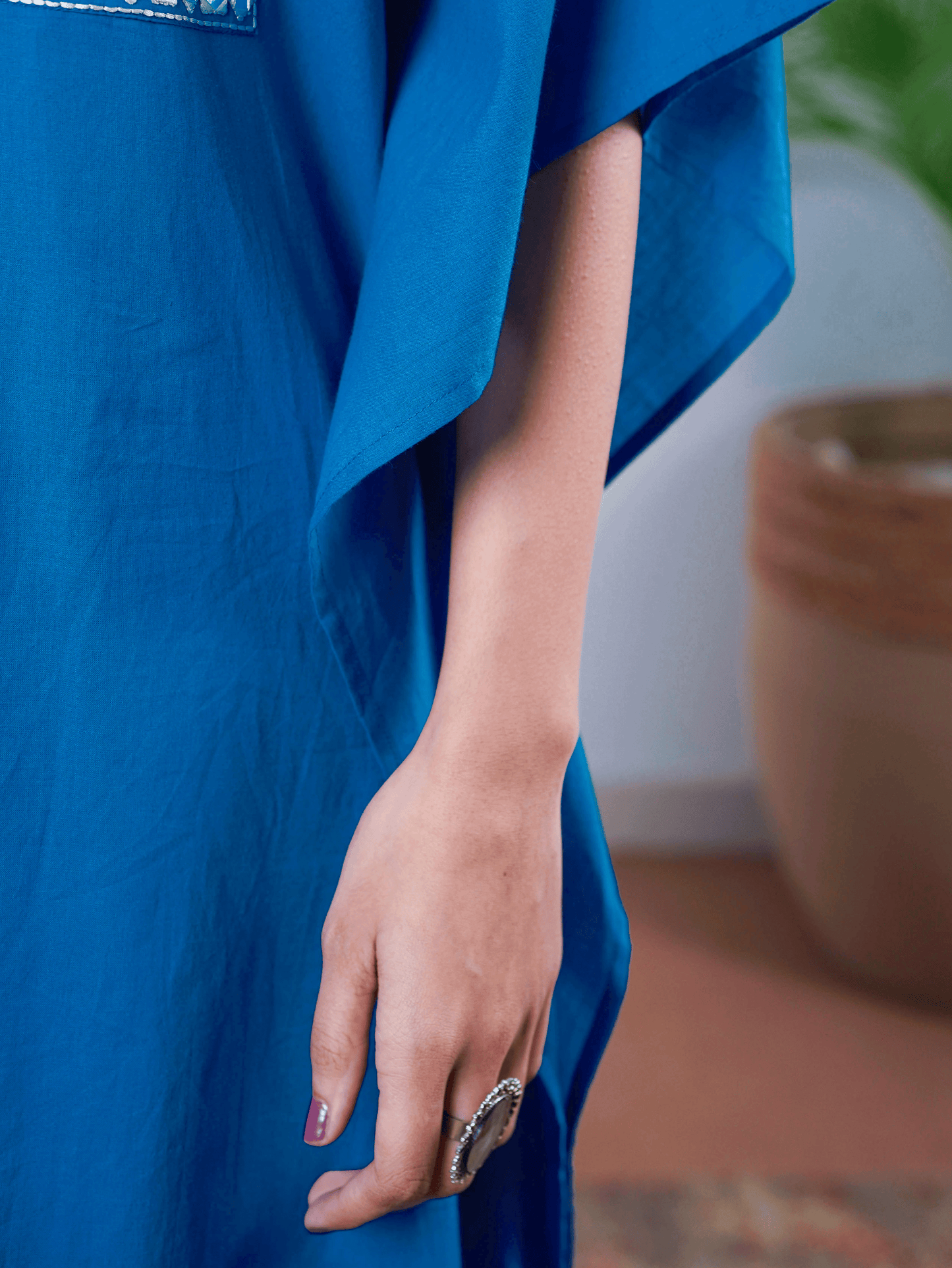 Embroidered Soft Cotton Solid Kaftan Blue Kurta