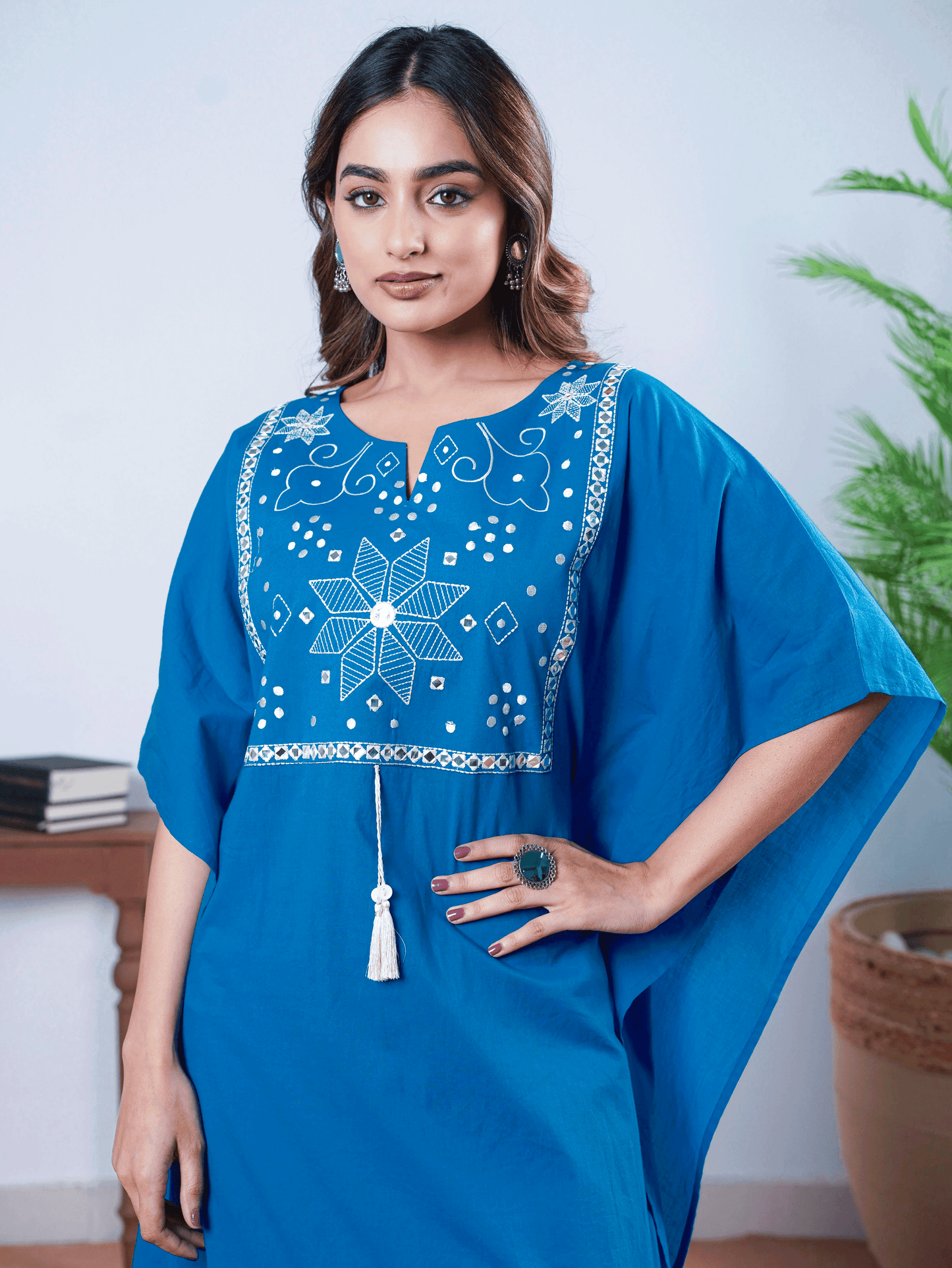 Embroidered Soft Cotton Solid Kaftan Blue Kurta
