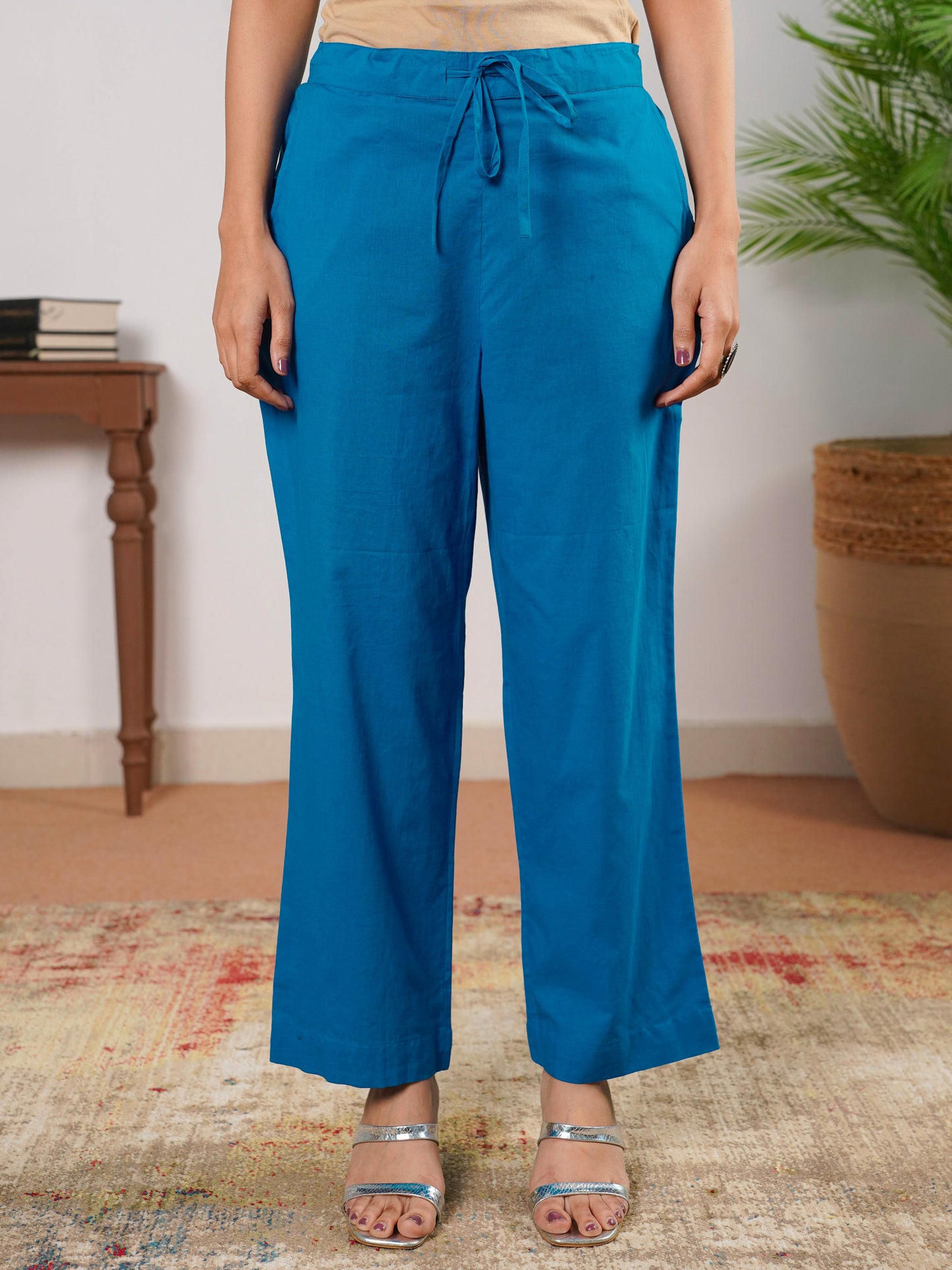 Soft Cotton Solid Blue Straight Trousers