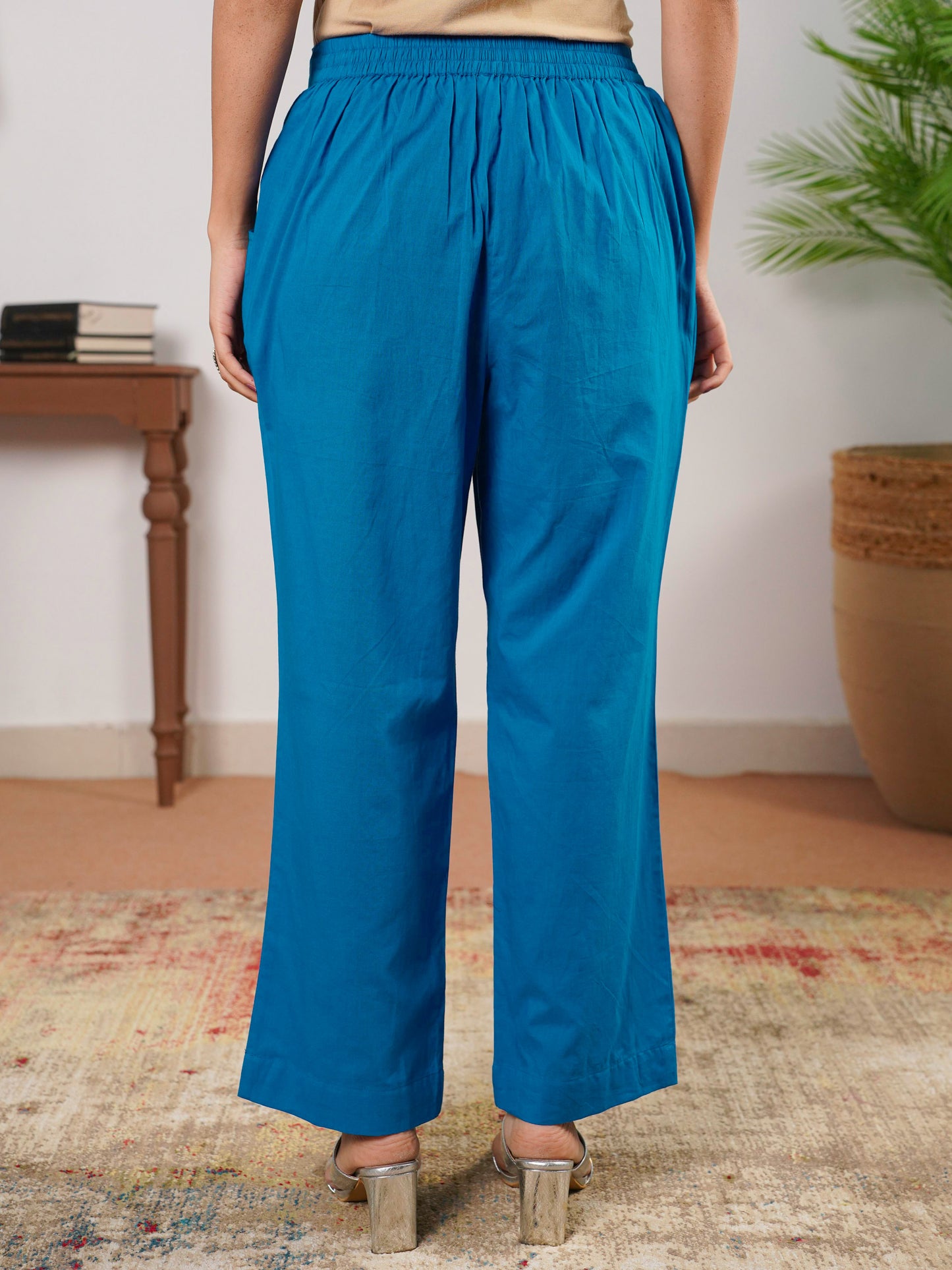 Soft Cotton Solid Blue Straight Trousers