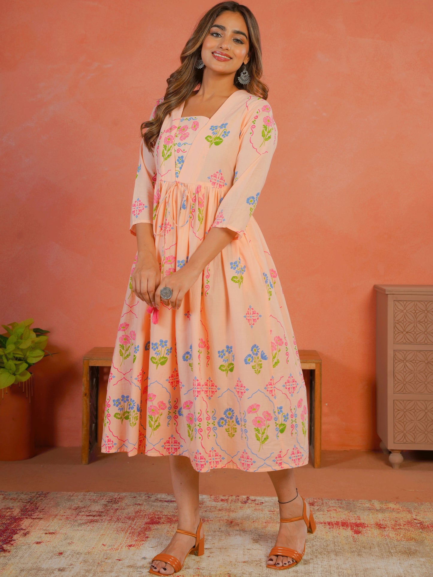 Soft Cotton Geometric Anarkali Peach Dress