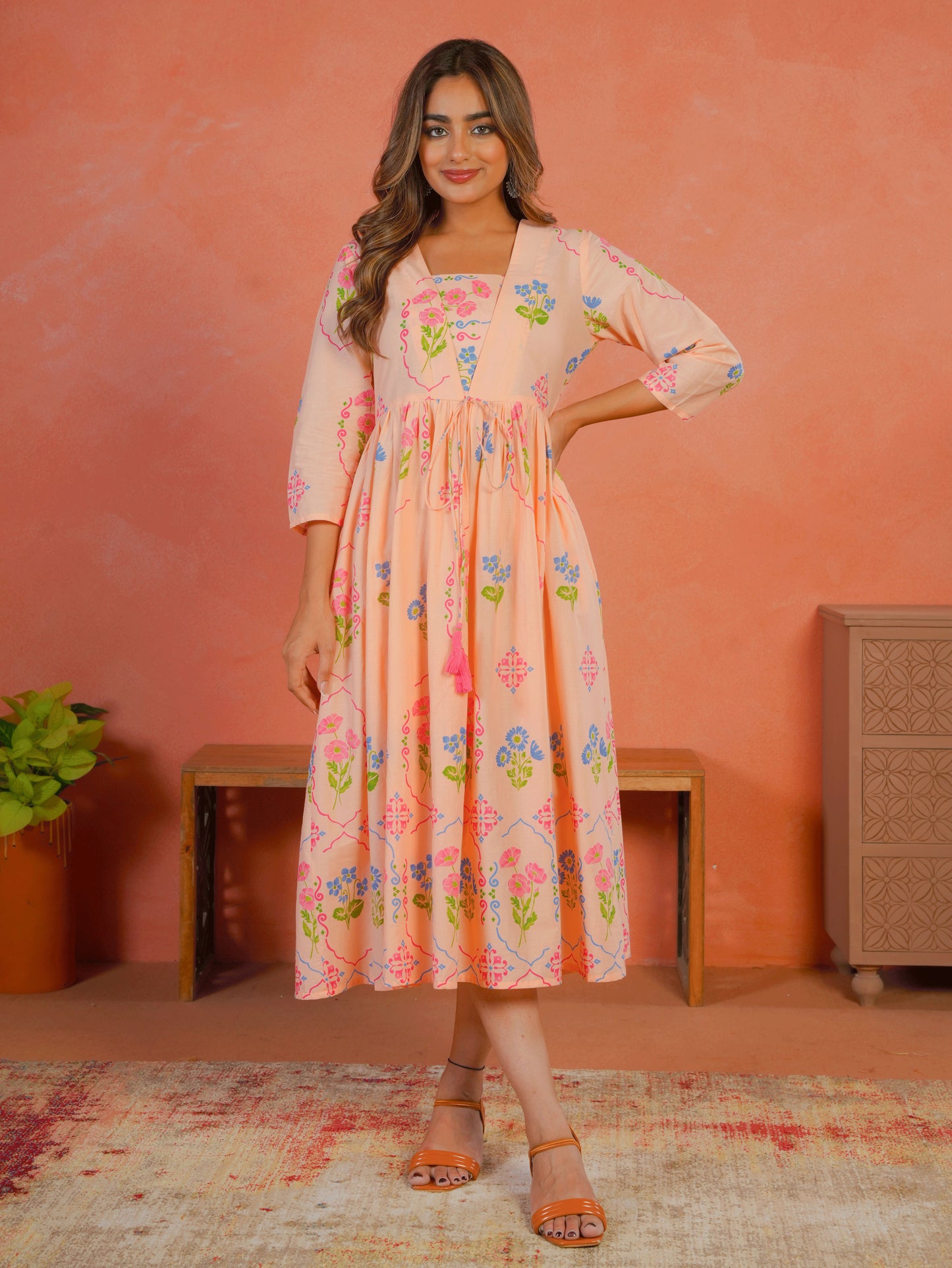 Soft Cotton Geometric Anarkali Peach Dress