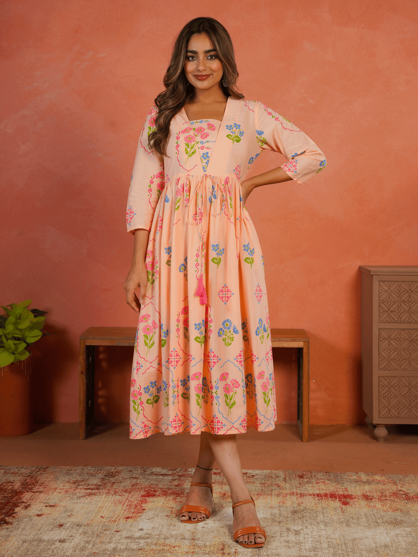 Soft Cotton Geometric Anarkali Peach Dress